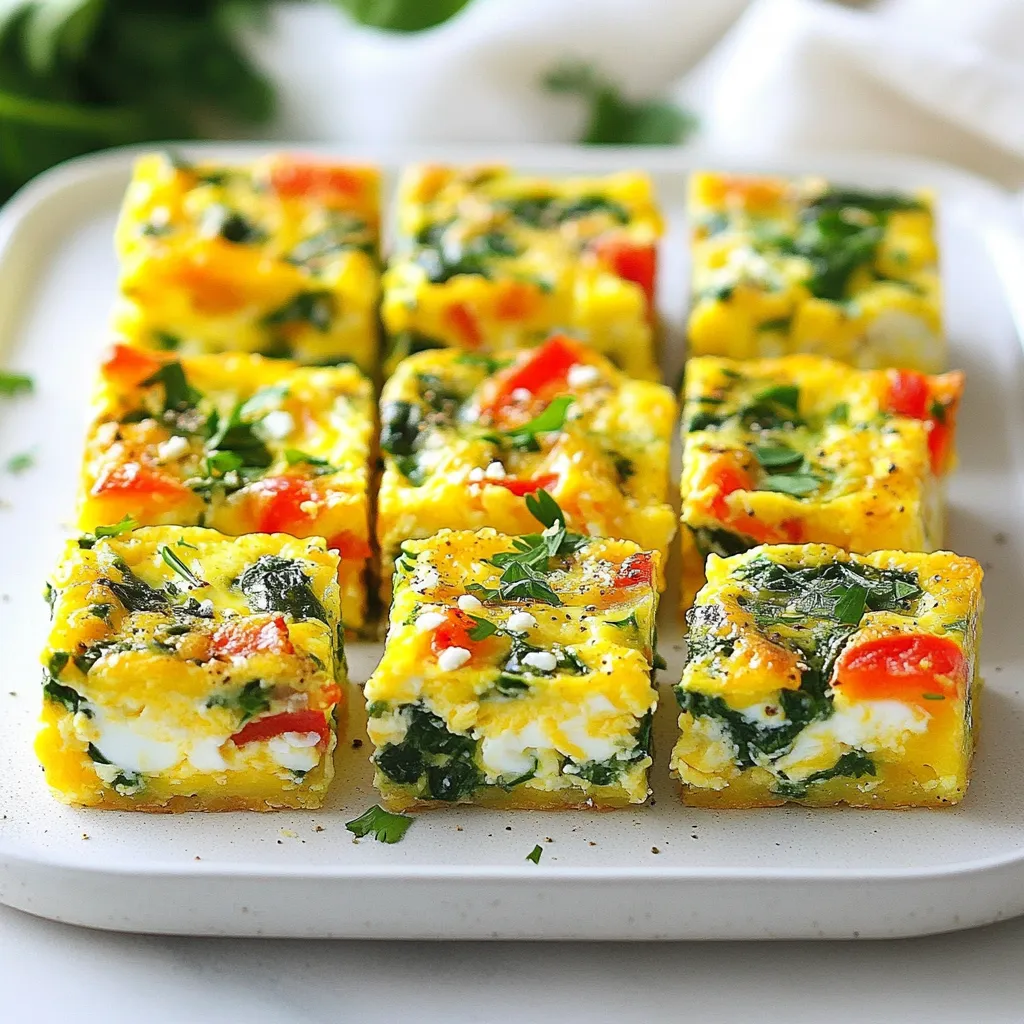 - 8 large eggs - 1 cup egg whites - 1 cup spinach, chopped - 1 red bell pepper, diced - 1/2 cup onion, diced - 1/2 cup low-fat cottage cheese - 1 tsp garlic powder - 1/2 tsp black pepper - 1/2 tsp salt These main ingredients pack a big protein punch. Eggs and egg whites are rich in protein and healthy fats. Spinach adds vitamins A and C, while bell peppers bring in fiber and antioxidants. Onions add flavor and can help with heart health. Low-fat cottage cheese boosts protein without too many calories. - 1/2 cup feta cheese, crumbled - Fresh herbs (like parsley or chives) for garnish Adding feta cheese gives your breakfast a tangy twist. Fresh herbs brighten up the dish and add color. These optional ingredients can make your meal more exciting and flavorful without much effort. - Eggs: High in protein and contain essential amino acids. - Egg Whites: Provide pure protein without fat. - Spinach: Packed with iron and vitamins for energy. - Red Bell Pepper: High in vitamin C, great for your immune system. - Onion: Contains antioxidants and supports heart health. - Low-Fat Cottage Cheese: A great source of protein and calcium. - Garlic Powder: May boost your immune system and add flavor. - Black Pepper: Aids digestion and adds spice to your meal. - Salt: Enhances flavor, but use in moderation. Each ingredient works together to create a meal that fuels your day. You get protein, vitamins, and minerals in every bite. This high protein breakfast will keep you satisfied and ready to take on your morning. {{ingredient_image_1}} To start, make your kitchen ready. First, gather all your tools and ingredients. You will need a large mixing bowl, a whisk, a 9x13 inch baking dish, and a spatula. Preheat your oven to 350°F (175°C). Grease the baking dish or use parchment paper. This step helps with easy cleanup later. In your large bowl, whisk together 8 large eggs and 1 cup of egg whites. Make sure they mix well. Next, add 1 cup of chopped spinach, 1 diced red bell pepper, and 1/2 cup of diced onion. This mix adds color and nutrients. Then stir in 1/2 cup of low-fat cottage cheese. Add 1 tsp of garlic powder, 1/2 tsp of black pepper, and 1/2 tsp of salt. Mix all ingredients until they are even. If you like, fold in 1/2 cup of crumbled feta cheese. This adds great flavor. Pour the egg mixture into the greased baking dish. Spread it evenly across the dish. Bake in your preheated oven for 25-30 minutes. The eggs should be set and the top lightly golden. Once done, take it out and let it cool for a few minutes. Cut it into squares or rectangles for easy serving. Store these in airtight containers in the fridge. They reheat well in the microwave, making breakfast quick and easy. Before serving, add fresh herbs like parsley or chives for a nice touch. To get a fluffy texture, use fresh eggs. Fresh eggs make a big difference. Whisk them well, so they mix fully. When you add cottage cheese, it gives a creamy feel. If you want more fluff, use more egg whites. They help the dish stay light and airy. If you are lactose intolerant, skip the feta and cottage cheese. Try using a dairy-free cheese instead. For a lower-calorie option, swap eggs for egg whites only. You can also replace spinach with kale or another leafy green. If you need a gluten-free option, this recipe is already gluten-free. To save time, prepare the ingredients the night before. Chop your veggies and store them in the fridge. You can also whisk the eggs ahead of time. This way, you can bake the mixture right away in the morning. Using a larger baking dish helps cook more at once. Just cut and store your portions for the week. Pro Tips Use Fresh Ingredients: Fresh spinach and bell peppers will enhance the flavor and nutritional value of your breakfast dish. Customize Your Veggies: Feel free to swap or add other vegetables like zucchini or mushrooms for a different taste and texture. Make It Ahead: This meal prep can be made on the weekend and stored in the fridge for a quick breakfast option throughout the week. Reheat with Care: When reheating, do it in short intervals to prevent the eggs from becoming rubbery; add a splash of water to keep them moist. {{image_2}} You can make your breakfast even better by adding more protein. Try these add-ins: - Turkey bacon: Adds a smoky flavor and packs in protein. - Cooked chicken: Shredded chicken can make your meal filling. - Black beans: They are rich in protein and fiber. - Quinoa: This grain adds protein and a nice texture. - Nuts or seeds: They provide healthy fats and crunch. Each of these options boosts protein while adding new tastes and textures. Feel free to mix and match them. If you prefer a vegan option, there are great substitutes for eggs. Use these: - Tofu: Silken tofu works well in scrambles or bakes. - Chickpea flour: Mix with water to create a batter. - Flaxseed meal: Soak it in water for a gel-like texture. - Aquafaba: The liquid from canned chickpeas can mimic egg whites. These options let you enjoy a protein-rich breakfast without eggs. Experiment to find your favorite. Creating fun flavors for your egg muffins is easy. Here are some tasty combos: - Spinach and feta: A classic choice that never disappoints. - Mushroom and Swiss cheese: Earthy and rich flavors blend well. - Tomato and basil: Fresh and vibrant, great for summer. - Zucchini and cheddar: Perfect for a savory kick. Mix and match these flavors to keep your breakfast exciting. You can create something new each week! After cooking your high protein breakfast, let it cool. This step helps keep moisture out. Use airtight containers for storage. This keeps your meal fresh. Label each container with the date. This way, you know when to use it. Store your containers in the fridge. Keep them on a middle shelf for best results. Your high protein breakfast will stay fresh for about five days in the fridge. If you store it properly, it can last longer. Always check for any signs of spoilage before eating. If it smells or looks off, it’s best to toss it. When reheating, use the microwave for the best results. Heat in short bursts, about 30 seconds at a time. This helps keep the eggs from overcooking. Stir the mixture gently between heats. This ensures even warming. You can also reheat in the oven at 350°F for about 10 minutes. Add a sprinkle of fresh herbs before serving for extra flavor. A high-protein breakfast gives you energy to start your day. It helps keep you full longer. This can reduce cravings for snacks later. Protein boosts your metabolism, helping you burn more calories. It also supports muscle growth and repair. Eating protein in the morning can improve focus and concentration. This is great for busy days ahead. Yes, you can freeze high-protein breakfast meals. Just ensure they cool first before freezing. Use airtight containers to avoid freezer burn. Label each container with the date. Most high-protein meals last about three months in the freezer. When ready to eat, simply thaw overnight in the fridge. Then, reheat in the microwave for a quick meal. You can try many high-protein breakfast options. Here are a few ideas: - Overnight oats with Greek yogurt and nuts. - Quinoa breakfast bowls with fruits and seeds. - Smoothies packed with protein powder and spinach. - Chia seed pudding made with almond milk and topped with berries. These options are easy to make and store well for busy mornings. A high protein breakfast can set your day up for success. This post covered the key ingredients and steps for making tasty egg muffins. We discussed how to enhance flavors and boost nutrition, too. With the right tips, meal prep can save you time. Remember, variations like vegan options and different add-ins keep things fresh. Lastly, following best storage practices helps preserve your meals. A well-planned breakfast can make all the difference in your mornings. Try these ideas and enjoy the benefits of a protein-rich start!