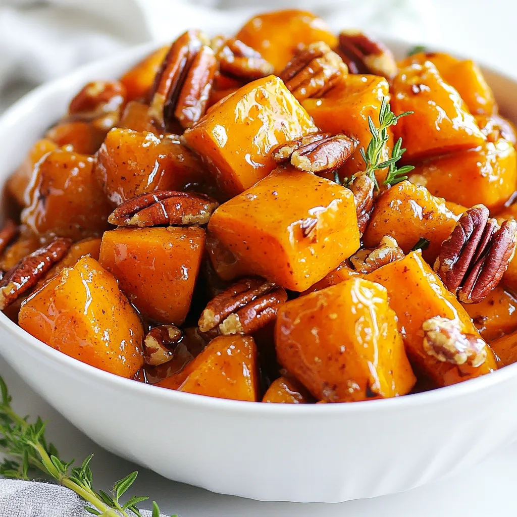 To make maple roasted sweet potatoes, you need: - 4 medium sweet potatoes, peeled and cubed - 1/4 cup pure maple syrup - 3 tablespoons olive oil - 1 teaspoon ground cinnamon - 1/2 teaspoon ground nutmeg - Salt and pepper to taste - 1/2 cup pecans, roughly chopped - Fresh thyme leaves for garnish (optional) When choosing sweet potatoes, look for firm ones. They should have smooth skin. Avoid any with soft spots or blemishes. Organic sweet potatoes may taste better. They are often sweeter and creamier. Try to buy local when possible. This helps support farmers and local economies. For the best flavor, choose pure maple syrup. Look for brands like Grade A or Grade B. Some good options include: - Maple Grove Farms - Crown Maple - Coombs Family Farms These brands offer rich flavor that enhances your sweet potatoes. Avoid imitation syrups as they lack real maple taste. {{ingredient_image_1}} Start by peeling four medium sweet potatoes. Cut them into even cubes. Aim for about one-inch pieces for even cooking. The uniform size helps them roast well. Place the cubed sweet potatoes in a large bowl. This is where the magic begins. Next, add the following ingredients to the bowl: - 1/4 cup pure maple syrup - 3 tablespoons olive oil - 1 teaspoon ground cinnamon - 1/2 teaspoon ground nutmeg - Salt and pepper to taste Mix everything together well. Make sure each piece of sweet potato gets coated. The maple syrup adds sweetness. The spices bring warmth and depth. This coating is what makes them so tasty. Preheat your oven to 425°F (220°C). Line a baking sheet with parchment paper. Spread the coated sweet potatoes on the sheet in a single layer. This step is key. It lets them roast evenly. Roast the sweet potatoes for 25-30 minutes. Stir them halfway through to ensure even cooking. You want them tender and caramelized. In the last five minutes, sprinkle 1/2 cup of roughly chopped pecans over the potatoes. This toasts them and adds crunch. Once done, let them cool for a few minutes. Serve them warm, and enjoy! When choosing sweet potatoes, look for firm ones. They should have smooth skin. Avoid any that feel soft or have dark spots. The color can vary from orange to purple. I prefer the orange ones for their sweetness. You can boost flavor by adding spices. Try a pinch of cayenne pepper for heat. Or mix in some ginger for warmth. A dash of allspice also works well. These additions can make your dish stand out. For great caramelization, space the sweet potatoes well on the baking sheet. If they are too close, they will steam, not roast. Stir them halfway through cooking to ensure even browning. The edges should turn golden and crispy. This adds a delightful texture to your dish. Pro Tips Choose the Right Sweet Potatoes: Look for firm, unblemished sweet potatoes for the best flavor and texture. Adjust Sweetness to Taste: Feel free to modify the amount of maple syrup based on your sweetness preference. Even Roasting: Ensure the sweet potatoes are spread out on the baking sheet to achieve even caramelization. Experiment with Nuts: Try substituting pecans with walnuts or almonds for a different flavor profile. {{image_2}} If you want to change the flavor, try other sweeteners. Honey works well and adds a nice touch. You can also use agave syrup for a lighter sweetness. Coconut sugar is another option. It has a rich, caramel-like taste that pairs nicely with sweet potatoes. Just remember, adjust the amount to match your taste. Pecans add a great crunch, but other nuts can work too. Walnuts bring a strong flavor that mixes well with maple. Almonds can add a nice, nutty taste as well. If you prefer seeds, try pumpkin or sunflower seeds. They give a different texture and flavor, and they’re healthy too. Sweet potatoes are great on their own, but you can mix in other veggies. Carrots add a nice sweetness and color. Red onions lend a bit of sharpness and balance the dish. You can even add Brussels sprouts for a unique twist. Just cut them into small pieces so they cook evenly. After you enjoy your maple roasted sweet potatoes, let them cool down. Store them in an airtight container. This keeps them fresh. Place the container in the fridge. They will last for about 3 to 5 days. When you store them, avoid stacking. This prevents them from getting mushy. If you have extra pecans, store them separately. This keeps them crunchy. To reheat, the oven works best. Preheat your oven to 350°F (175°C). Spread the sweet potatoes on a baking sheet. Heat them for about 10-15 minutes. This helps keep their taste and texture. You can also use a microwave. But, use a microwave-safe dish. Heat in short bursts of 30 seconds. Check often to avoid overcooking. If they seem dry, add a little olive oil. You can freeze these sweet potatoes too. First, let them cool completely. Then, spread them on a baking sheet. This prevents them from sticking together. Freeze for about 1-2 hours. Once frozen, transfer them to a freezer bag. Remove as much air as you can. They will keep for up to 3 months. When ready to eat, thaw in the fridge overnight. Reheat as mentioned before. Yes, you can use other types of potatoes. Regular white or red potatoes work well. However, they will taste different. Sweet potatoes have a unique flavor. They are sweeter and creamier. If you use other potatoes, adjust the cooking time. They may roast faster or slower. You know sweet potatoes are done when they are tender. Use a fork to test them. If the fork slides in easily, they are ready. Look for caramelized edges, too. This means they are golden and tasty. The total roasting time is about 25 to 30 minutes. Yes, this recipe is great for meal prep. You can make it ahead of time. Store the sweet potatoes in an airtight container. They stay good for up to five days in the fridge. Reheat them in the oven or microwave. They will still taste delicious! This post covered everything you need to make delicious maple roasted sweet potatoes. We looked at the best ingredients, like high-quality sweet potatoes and top maple syrup brands. You learned how to prep, mix, and roast your sweet potatoes perfectly. We shared tips to enhance flavor and variations to try. Plus, you now know how to store and reheat leftovers. Use this guide to make your meals tastier and more fun. Enjoy your cooking!