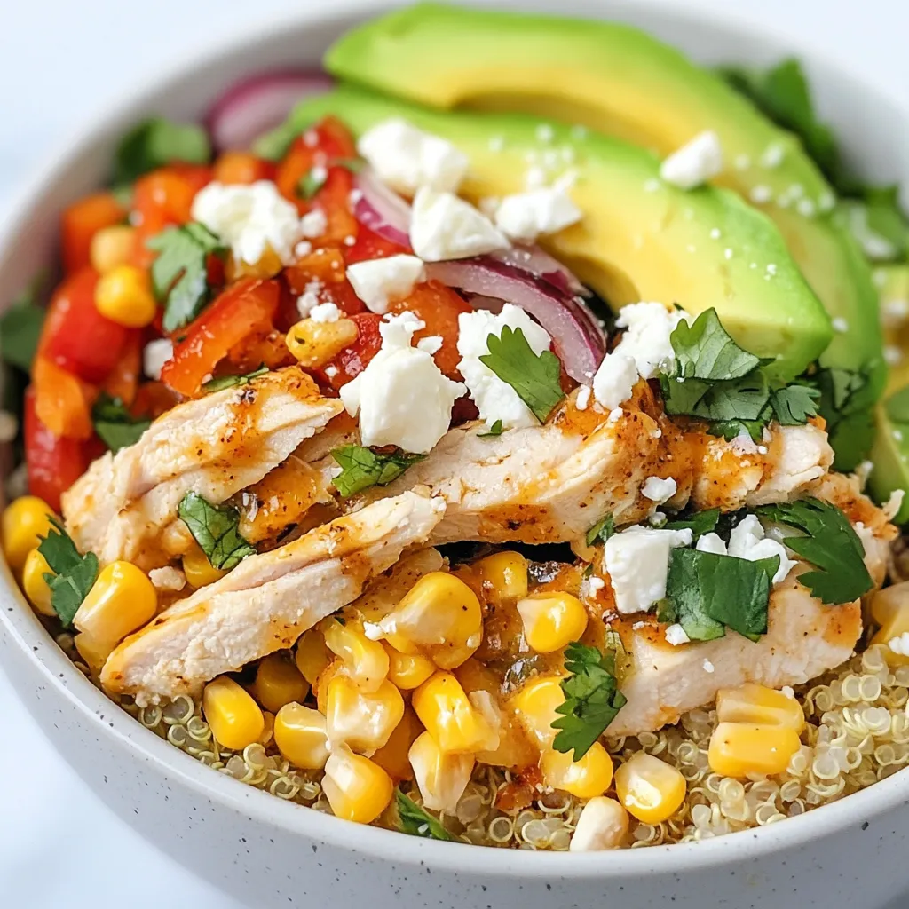 - 2 cups cooked chicken breast, shredded - 1 cup corn kernels (fresh, frozen, or canned) - 1 red bell pepper, diced - ½ red onion, diced - 1 cup cooked quinoa or rice - 1 avocado, sliced - ½ cup cilantro, chopped - 2 tablespoons lime juice - 1 tablespoon olive oil - 1 teaspoon smoked paprika - 1 teaspoon chili powder - Salt and pepper to taste - ½ cup sour cream or plain Greek yogurt for drizzling - ½ cup crumbled feta cheese This bowl is nutritious and balanced. Each serving has: - Calories: About 450 - Protein: 30 grams - Carbohydrates: 40 grams - Fat: 20 grams - Fiber: 8 grams The chicken gives you protein. The corn adds fiber and sweetness. The quinoa or rice gives you good carbs. Avocado and feta add healthy fats and flavor. You can enjoy this dish and feel good about what you eat! {{ingredient_image_1}} First, gather all your ingredients. You will need cooked chicken, corn, red bell pepper, and red onion. You also need quinoa or rice, avocado, cilantro, lime juice, olive oil, spices, salt, and pepper. This dish takes about 15 minutes to prep and 25 minutes to cook. To start, heat olive oil in a medium saucepan over medium heat. Add corn, diced red bell pepper, and red onion. Cook for about 5-7 minutes. Keep stirring until the veggies are soft and slightly caramelized. This brings out their sweet flavors. Next, sprinkle in smoked paprika, chili powder, salt, and pepper. Stir well to coat the veggies in spices. Cook for one more minute and then remove from heat. Set the pan aside while you prepare the chicken. In a large bowl, mix shredded chicken with cooked quinoa or rice. Pour in the lime juice and mix until the chicken is well coated. This adds a fresh zest to the dish. Now, it's time to build your bowl. Start with a layer of the chicken and quinoa mixture. Top it with the cooked corn and veggie mix. Next, add sliced avocado, and sprinkle chopped cilantro on top. If you like, add crumbled feta cheese for extra flavor. Finally, drizzle sour cream or Greek yogurt over everything for creaminess. Enjoy your beautiful and tasty bowl! To get great flavor, use fresh corn when you can. If using frozen corn, thaw it first. Cook your corn until golden. This adds a nice sweetness. Sauté the red bell pepper and onion until soft. This step makes them sweet and tasty. Use cooked quinoa or rice as your base. It gives good texture and nutrition. Mix lime juice into the chicken mix well. This adds a zesty kick. Serve the bowl in colorful dishes. You want it to look fun and fresh. Garnish with extra avocado slices. A lime wedge adds a nice touch, too. If you like a creamy bite, drizzle sour cream or Greek yogurt on top. You can even add more cilantro for a fresh pop. This dish is great for lunch or dinner. Don’t rush the cooking process. Take the time to sauté the veggies well. If you skip the spices, the dish may taste bland. Make sure to season each layer. Avoid overcooking the chicken. It should stay juicy and tender. Lastly, don’t forget to taste as you go. Adjust seasonings to fit your taste. Pro Tips Use Fresh Ingredients: Whenever possible, opt for fresh corn and vegetables to enhance the flavor and texture of your dish. Customize Your Protein: Feel free to substitute the chicken with grilled shrimp or black beans for a different protein option. Adjust Spice Levels: Modify the amount of chili powder according to your preference for heat; you can also add diced jalapeños for extra kick. Make It Ahead: Prepare the chicken and quinoa ahead of time for a quick assembly during busy weeknights. {{image_2}} You can easily swap some ingredients in your Street Corn Chicken Bowl. Use black beans instead of chicken for a plant-based meal. If you want a different grain, try farro or barley instead of quinoa or rice. You can also switch corn for peas or diced zucchini for a fresh twist. This bowl can fit many diets. For a gluten-free option, ensure you use gluten-free grains. If you want it vegetarian, leave out the chicken and add more beans. To make it dairy-free, skip the feta cheese and use a dairy-free yogurt for drizzling. To enhance the flavor, add a dash of cumin or garlic powder to the veggies while cooking. Fresh lime juice brightens the dish, so don’t skip it. For some heat, add jalapeños or a splash of hot sauce. You can also top your bowl with crunchy tortilla strips for texture and fun! You can store your Street Corn Chicken Bowl in the fridge. Place it in an airtight container. It will stay fresh for up to three days. Make sure to cool it to room temp before sealing. This helps keep it tasty and safe to eat. If you want to save it for later, freezing is a good option. Let the bowl cool first. Then, divide it into servings. Use freezer-safe bags or containers. It can last up to three months in the freezer. To eat, just thaw it overnight in the fridge. When you’re ready to eat, reheat it gently. Use the microwave or a pan on low heat. If using the microwave, cover it to keep moisture in. Stir it halfway through to heat evenly. Add a splash of lime juice or a bit of olive oil to bring back its flavor. The Street Corn Chicken Bowl lasts about 3 to 4 days in the fridge. Make sure you store it in an airtight container. This keeps it fresh and tasty. Yes, you can use canned corn. It saves time and is easy to use. Just drain and rinse the corn before adding it to the bowl. Fresh corn adds a nice crunch, but canned works well too. If you don’t have feta cheese, try using goat cheese or queso fresco. Both options add a tangy flavor. You can also skip cheese if you want a dairy-free meal. Yes, this recipe is great for meal prep. You can make a big batch and store it in individual containers. Just keep toppings like avocado and sour cream separate until serving. To make it spicier, add more chili powder or hot sauce. You can also include sliced jalapeños or red pepper flakes for extra heat. Adjust to your taste for the perfect kick. This article shared how to create a Street Corn Chicken Bowl. We looked at main and optional ingredients, and the nutrition facts. You learned the step-by-step process to cook and assemble the dish. I also included helpful tips, serving ideas, and common mistakes to avoid. Finally, we explored variations, storage info, and answered your FAQs. Now you can make a tasty, customizable bowl. Enjoy your cooking and feel free to share your successes!