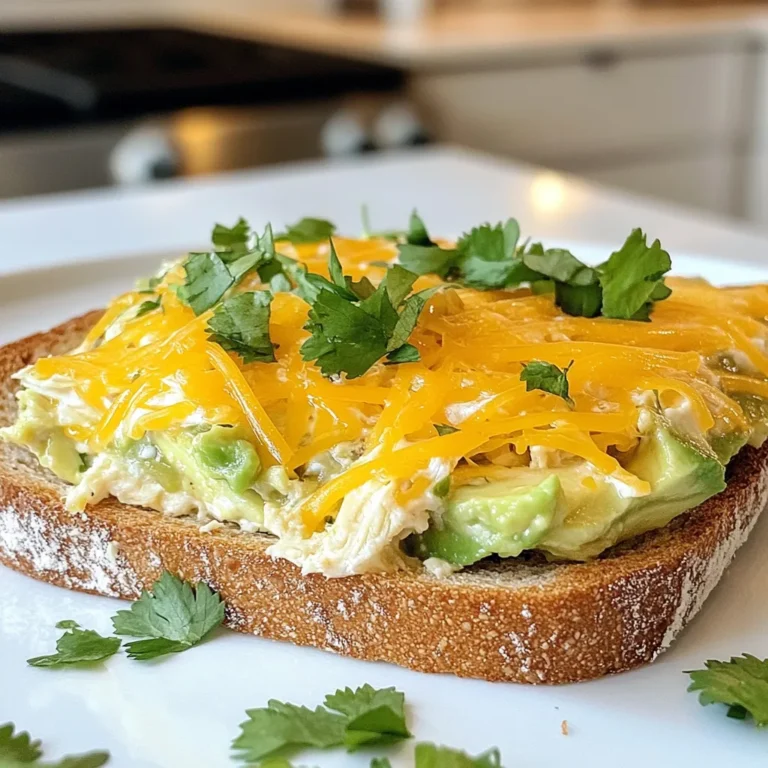 For a tasty Chicken Avocado Melt, gather these key ingredients: - 2 cups cooked chicken, shredded - 1 ripe avocado, mashed - 1 cup shredded cheddar cheese - 1/2 cup cream cheese, softened - 1/4 cup plain Greek yogurt - 1 tablespoon lime juice - 1 teaspoon garlic powder - Salt and pepper to taste - 4 slices of whole grain or sourdough bread - Butter or olive oil (for toasting bread) These ingredients create a rich and creamy filling. The chicken adds protein, while the avocado gives healthy fats. Cream cheese and Greek yogurt make the mix smooth and flavorful. You can add a few optional ingredients to enhance your Chicken Avocado Melt: - 1/4 teaspoon cayenne pepper (for heat) - Fresh cilantro or parsley (for garnish) Adding cayenne pepper brings a spicy kick. Fresh herbs add a burst of color and flavor. Pair your Chicken Avocado Melt with these tasty sides: - A light salad - Fresh fruit - Sweet potato fries These sides balance the richness of the melt. They also add freshness and crunch to your meal. Enjoy experimenting with different combos! {{ingredient_image_1}} 1. Gather all your ingredients. You need cooked chicken, avocado, cheese, and more. 2. In a large bowl, combine the shredded chicken and the mashed avocado. 3. Add the softened cream cheese and Greek yogurt to the bowl. 4. Squeeze in the lime juice and sprinkle in the garlic powder. 5. If you like heat, add cayenne pepper. Mix all the ingredients well. 6. Season with salt and pepper to your taste. 1. Preheat your broiler to high. This step is key for crispiness. 2. Place the slices of bread on a baking sheet. Lightly butter one side of each slice. 3. If you prefer, drizzle olive oil instead of butter. 4. Spoon the chicken and avocado mix onto the unbuttered side of each slice. 5. Top each slice with a generous amount of shredded cheddar cheese. 6. Slide the baking sheet under the broiler. Bake for about 5-7 minutes. 7. Watch closely! You want the cheese bubbly and golden, not burnt. 8. Once done, take it out and let cool for a minute. 1. Serve your Chicken Avocado Melt warm. It’s best fresh from the oven. 2. Garnish with fresh cilantro or parsley for a pop of color. 3. Pair it with a side salad or soup for a complete meal. 4. Enjoy with a cold drink for a refreshing combo. 5. This dish is perfect for lunch or a light dinner. To make your Chicken Avocado Melt shine, use fresh ingredients. Start with warm, shredded chicken. This helps blend flavors well. Mash the avocado just before mixing. It keeps that vibrant green color. Add lime juice early to prevent browning. When you spread the mixture on bread, go thick. This gives each bite a rich taste. One big mistake is overcooking the cheese. Keep a close eye on it under the broiler. If you let it burn, the dish loses flavor. Another error is using stale bread. Fresh bread holds the melt better and tastes great. Be careful with salt. Too much can overpower the dish. Always taste as you go. You can make this melt in a skillet. Just heat it on medium. Butter the bread and add the mix. Cook each side until golden. You can also try a sandwich press. This gives a nice crust. If you want a lighter version, bake it in the oven. Just follow the broiler steps, but set it to 350°F. This method takes longer but cooks through evenly. Pro Tips Choose Ripe Avocados: Make sure to use ripe avocados for a creamier texture in your melt. They should yield slightly to pressure when squeezed gently. Customize Your Heat: Adjust the amount of cayenne pepper based on your spice preference. You can also add diced jalapeños for an extra kick! Experiment with Cheeses: While cheddar is a classic choice, feel free to mix in other cheeses like Monterey Jack or pepper jack for a flavorful twist. Keep an Eye on the Broiler: Broilers can vary in intensity, so keep a close watch while toasting to ensure your cheese doesn't burn. {{image_2}} You can easily change this recipe for different diets. For a gluten-free option, use gluten-free bread. Many brands offer tasty choices. If you're vegan, swap chicken for chickpeas or tofu. Use vegan cream cheese and cheese too. Avocado stays the same and adds creaminess. Want a kick? Add more cayenne pepper for spice. You can also mix in hot sauce for extra heat. For a fresh herb taste, add chopped basil or dill to the mix. These herbs pair well with chicken and avocado. You will enjoy the bright flavors. Cheese lovers can try different types. Swap cheddar for mozzarella or pepper jack. If cream cheese is not your favorite, try hummus or guacamole instead. These swaps keep the dish creamy and tasty. You can even use pesto for a burst of flavor. This makes each melt unique. To store your Chicken Avocado Melt, let it cool first. Place leftovers in an airtight container. This keeps the flavors fresh. Store it in the fridge for up to three days. If you want to keep it longer, consider freezing. When you are ready to enjoy your leftovers, preheat your oven to 350°F (175°C). Place the Chicken Avocado Melt on a baking sheet. Heat it for about 10 minutes or until warm. This method keeps the bread crispy and the cheese melty. If you want to use a microwave, heat it for 1-2 minutes. The microwave is faster but may make the bread soft. To freeze your Chicken Avocado Melt, wrap each piece tightly in plastic wrap. Then, place them in a freezer bag. Make sure to remove as much air as possible. You can freeze them for up to three months. When ready to eat, thaw overnight in the fridge. Then, reheat in the oven for the best taste. A Chicken Avocado Melt is a tasty dish made with chicken and creamy avocado. You mix shredded chicken with mashed avocado, cream cheese, and Greek yogurt. This mix sits on toasted bread, topped with cheese, then broiled until bubbly. It’s a warm, cheesy delight that’s both filling and nutritious. Yes, you can use different cheeses! Cheddar is great, but mozzarella or gouda works too. Each cheese gives a unique flavor. Try mixing cheeses for a fun twist. Just remember to choose a cheese that melts well to keep that gooey texture. To make this recipe ahead, prepare the chicken and avocado mix early. Store it in an airtight container in the fridge. When you’re ready to eat, just toast the bread, top it with the mix, and add cheese. Broil it for a quick, easy meal. The Chicken Avocado Melt is simple and tasty. You learned about must-have and optional ingredients. We covered step-by-step cooking and serving tips. I shared tricks to get it just right and avoid common mistakes. We explored variations and dietary options too. Finally, I gave storage tips for leftovers. With this guide, you can create a delicious meal. Enjoy your cooking and make it your own!