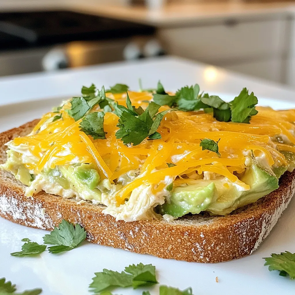 For a tasty Chicken Avocado Melt, gather these key ingredients: - 2 cups cooked chicken, shredded - 1 ripe avocado, mashed - 1 cup shredded cheddar cheese - 1/2 cup cream cheese, softened - 1/4 cup plain Greek yogurt - 1 tablespoon lime juice - 1 teaspoon garlic powder - Salt and pepper to taste - 4 slices of whole grain or sourdough bread - Butter or olive oil (for toasting bread) These ingredients create a rich and creamy filling. The chicken adds protein, while the avocado gives healthy fats. Cream cheese and Greek yogurt make the mix smooth and flavorful. You can add a few optional ingredients to enhance your Chicken Avocado Melt: - 1/4 teaspoon cayenne pepper (for heat) - Fresh cilantro or parsley (for garnish) Adding cayenne pepper brings a spicy kick. Fresh herbs add a burst of color and flavor. Pair your Chicken Avocado Melt with these tasty sides: - A light salad - Fresh fruit - Sweet potato fries These sides balance the richness of the melt. They also add freshness and crunch to your meal. Enjoy experimenting with different combos! {{ingredient_image_1}} 1. Gather all your ingredients. You need cooked chicken, avocado, cheese, and more. 2. In a large bowl, combine the shredded chicken and the mashed avocado. 3. Add the softened cream cheese and Greek yogurt to the bowl. 4. Squeeze in the lime juice and sprinkle in the garlic powder. 5. If you like heat, add cayenne pepper. Mix all the ingredients well. 6. Season with salt and pepper to your taste. 1. Preheat your broiler to high. This step is key for crispiness. 2. Place the slices of bread on a baking sheet. Lightly butter one side of each slice. 3. If you prefer, drizzle olive oil instead of butter. 4. Spoon the chicken and avocado mix onto the unbuttered side of each slice. 5. Top each slice with a generous amount of shredded cheddar cheese. 6. Slide the baking sheet under the broiler. Bake for about 5-7 minutes. 7. Watch closely! You want the cheese bubbly and golden, not burnt. 8. Once done, take it out and let cool for a minute. 1. Serve your Chicken Avocado Melt warm. It’s best fresh from the oven. 2. Garnish with fresh cilantro or parsley for a pop of color. 3. Pair it with a side salad or soup for a complete meal. 4. Enjoy with a cold drink for a refreshing combo. 5. This dish is perfect for lunch or a light dinner. To make your Chicken Avocado Melt shine, use fresh ingredients. Start with warm, shredded chicken. This helps blend flavors well. Mash the avocado just before mixing. It keeps that vibrant green color. Add lime juice early to prevent browning. When you spread the mixture on bread, go thick. This gives each bite a rich taste. One big mistake is overcooking the cheese. Keep a close eye on it under the broiler. If you let it burn, the dish loses flavor. Another error is using stale bread. Fresh bread holds the melt better and tastes great. Be careful with salt. Too much can overpower the dish. Always taste as you go. You can make this melt in a skillet. Just heat it on medium. Butter the bread and add the mix. Cook each side until golden. You can also try a sandwich press. This gives a nice crust. If you want a lighter version, bake it in the oven. Just follow the broiler steps, but set it to 350°F. This method takes longer but cooks through evenly. Pro Tips Choose Ripe Avocados: Make sure to use ripe avocados for a creamier texture in your melt. They should yield slightly to pressure when squeezed gently. Customize Your Heat: Adjust the amount of cayenne pepper based on your spice preference. You can also add diced jalapeños for an extra kick! Experiment with Cheeses: While cheddar is a classic choice, feel free to mix in other cheeses like Monterey Jack or pepper jack for a flavorful twist. Keep an Eye on the Broiler: Broilers can vary in intensity, so keep a close watch while toasting to ensure your cheese doesn't burn. {{image_2}} You can easily change this recipe for different diets. For a gluten-free option, use gluten-free bread. Many brands offer tasty choices. If you're vegan, swap chicken for chickpeas or tofu. Use vegan cream cheese and cheese too. Avocado stays the same and adds creaminess. Want a kick? Add more cayenne pepper for spice. You can also mix in hot sauce for extra heat. For a fresh herb taste, add chopped basil or dill to the mix. These herbs pair well with chicken and avocado. You will enjoy the bright flavors. Cheese lovers can try different types. Swap cheddar for mozzarella or pepper jack. If cream cheese is not your favorite, try hummus or guacamole instead. These swaps keep the dish creamy and tasty. You can even use pesto for a burst of flavor. This makes each melt unique. To store your Chicken Avocado Melt, let it cool first. Place leftovers in an airtight container. This keeps the flavors fresh. Store it in the fridge for up to three days. If you want to keep it longer, consider freezing. When you are ready to enjoy your leftovers, preheat your oven to 350°F (175°C). Place the Chicken Avocado Melt on a baking sheet. Heat it for about 10 minutes or until warm. This method keeps the bread crispy and the cheese melty. If you want to use a microwave, heat it for 1-2 minutes. The microwave is faster but may make the bread soft. To freeze your Chicken Avocado Melt, wrap each piece tightly in plastic wrap. Then, place them in a freezer bag. Make sure to remove as much air as possible. You can freeze them for up to three months. When ready to eat, thaw overnight in the fridge. Then, reheat in the oven for the best taste. A Chicken Avocado Melt is a tasty dish made with chicken and creamy avocado. You mix shredded chicken with mashed avocado, cream cheese, and Greek yogurt. This mix sits on toasted bread, topped with cheese, then broiled until bubbly. It’s a warm, cheesy delight that’s both filling and nutritious. Yes, you can use different cheeses! Cheddar is great, but mozzarella or gouda works too. Each cheese gives a unique flavor. Try mixing cheeses for a fun twist. Just remember to choose a cheese that melts well to keep that gooey texture. To make this recipe ahead, prepare the chicken and avocado mix early. Store it in an airtight container in the fridge. When you’re ready to eat, just toast the bread, top it with the mix, and add cheese. Broil it for a quick, easy meal. The Chicken Avocado Melt is simple and tasty. You learned about must-have and optional ingredients. We covered step-by-step cooking and serving tips. I shared tricks to get it just right and avoid common mistakes. We explored variations and dietary options too. Finally, I gave storage tips for leftovers. With this guide, you can create a delicious meal. Enjoy your cooking and make it your own!