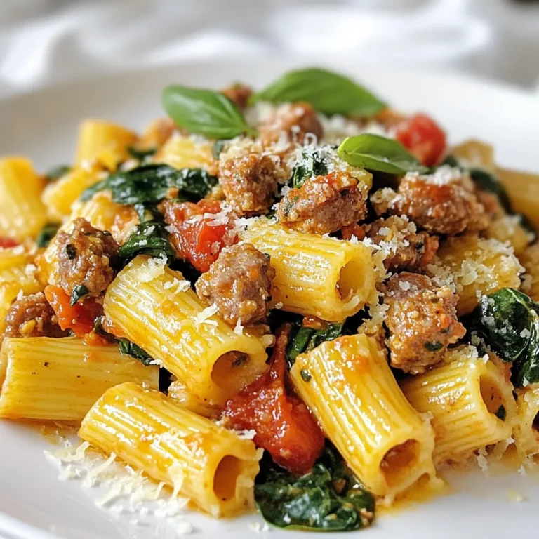 - 12 oz rigatoni pasta - 1 lb Italian sausage (mild or spicy) - 2 tablespoons olive oil - 3 cloves garlic, minced - 1 medium onion, chopped - 4 cups fresh spinach - 1 can (14 oz) diced tomatoes (with juices) - 1 teaspoon red pepper flakes - ½ teaspoon dried oregano - ½ teaspoon salt - ¼ teaspoon black pepper - ½ cup grated Parmesan cheese - Fresh basil leaves for garnish (optional) The key to a great sausage rigatoni is in the ingredients. Each one plays a role in flavor and texture. Rigatoni, with its ridges, holds sauce well. I love using Italian sausage for its bold taste. You can choose mild or spicy, depending on how much heat you want. Olive oil adds richness and helps cook the sausage. Fresh garlic and onion give depth to the dish. Spinach adds a nice pop of color and nutrition. Diced tomatoes bring juiciness and acidity, balancing the flavors. Don't forget the red pepper flakes! They add a kick. Oregano, salt, and black pepper round out the seasoning. Lastly, the Parmesan cheese brings creaminess and umami, making everything come together. Feel free to add fresh basil as a garnish. It adds a lovely aroma and bright flavor. These ingredients create a simple yet delicious meal that you’ll want to make again. {{ingredient_image_1}} First, boil a large pot of water. Add salt to the water for flavor. Cook the rigatoni according to package instructions until it is al dente. This usually takes around 10-12 minutes. Once cooked, drain the pasta and set it aside. This step is key for a great texture. In a large skillet, heat 2 tablespoons of olive oil over medium heat. Once the oil is hot, crumble 1 pound of Italian sausage into the skillet. Use a spoon to break it apart. Cook the sausage until it is browned, about 5-7 minutes. Make sure it is cooked through, with no pink left. This gives the dish its rich flavor. Now, add the chopped onion and minced garlic to the skillet with the sausage. Sauté them for about 2-3 minutes. You want the onion to become soft and clear. Next, stir in 4 cups of fresh spinach. Cook until it wilts down. Then, add a can of diced tomatoes, red pepper flakes, oregano, salt, and black pepper. Mix everything well and let it simmer for 5 minutes. This allows the flavors to blend nicely. It's time to bring it all together! Toss the drained rigatoni into the skillet. Make sure to coat the pasta well with the sausage and vegetable mixture. If the sauce seems too thick, add a splash of water or chicken broth. This will help reach your desired sauce consistency. For the final step, stir in ½ cup of grated Parmesan cheese. Mix until the cheese melts and creates a creamy texture. Always taste to check if you need to adjust the seasoning. This small step can elevate the dish. Serve the sausage rigatoni on plates and top with more Parmesan and fresh basil leaves if you like. Enjoy your flavorful dinner delight! - Ideal sausage choices for flavor: I recommend using Italian sausage. You can choose mild or spicy based on your taste. Mild sausage gives a nice balance, while spicy adds a kick. Try to find fresh sausage from a local butcher for the best flavor. - Adjusting spice levels to taste: If you enjoy heat, add more red pepper flakes. Start with a little and taste as you go. You can also add fresh chili peppers for more heat. If you prefer less spice, skip the red pepper flakes altogether. - Best practices for sautéing: Use medium heat when sautéing sausage. This helps it brown evenly and stay juicy. Make sure to crumble the sausage well while cooking. This ensures even cooking and better flavor distribution. - Ways to enhance the sauce flavor: To boost the sauce flavor, let the mixture simmer for a full five minutes. This step allows the spices to mix well. You can also add a splash of white wine for depth. Just let it cook off before adding the pasta. - Ideal accompaniments and pairings: Pair your sausage rigatoni with a simple green salad or garlic bread. A light salad balances the rich flavors. Garlic bread adds a tasty crunch on the side. - Presentation tips for a gourmet look: Serve your rigatoni in shallow bowls for a nice touch. Garnish with extra Parmesan cheese and fresh basil leaves for color. A sprinkle of black pepper adds a pop of flavor and looks great! Pro Tips Perfect Pasta: Always cook pasta in well-salted water to enhance its flavor. Aim for a saltiness similar to the sea! Custom Heat: Adjust the amount of red pepper flakes based on your heat preference. Start with less and add more if needed! Fresh Spinach: For a vibrant color and maximum nutrition, add the spinach just before serving to keep it fresh and bright. Cheesy Finish: For extra creaminess, reserve a bit of pasta water to mix in with the sauce before serving—it helps bind everything together! {{image_2}} You can easily make this dish fit your needs. If you want gluten-free rigatoni, choose a brand made from rice or corn. Many stores offer these options now. For a vegetarian twist, swap the sausage with plant-based sausage. This keeps the flavor while making it meat-free. Want to make your rigatoni more fun? Add colorful vegetables like bell peppers or mushrooms. They bring a great taste and extra nutrients. You can also try different cheeses. Goat cheese or feta can add a tangy taste that pairs well with the dish. For a creamier sauce, mix in heavy cream or a light cream. This makes the dish richer and more decadent. You can also explore using different tomato sauces. A spicy arrabbiata or a smooth marinara can change the whole meal. Adjust based on what you like best! To store leftovers, let the dish cool first. Place the sausage rigatoni in an airtight container. This keeps the flavors fresh. You can store it in the fridge for up to three days. When you reheat, make sure it’s hot all the way through. If you want to freeze the dish, portion it first. Use freezer-safe containers or bags. Remove as much air as possible to prevent freezer burn. You can freeze it for up to three months. When you're ready to enjoy it, thaw it in the fridge overnight. Reheat it in a skillet over low heat. Add a splash of water or broth for moisture. Can I make sausage rigatoni ahead of time? Yes, you can make sausage rigatoni ahead of time. Prepare the dish as usual, then cool it completely. Store it in an airtight container in the fridge for up to three days. When ready to eat, reheat it in a skillet or microwave. You may want to add a splash of water to keep it moist. What can I substitute for Italian sausage? You can swap Italian sausage with ground turkey or chicken for a lighter option. Use spices like fennel seeds and red pepper flakes to mimic the flavor. For a vegetarian choice, try plant-based sausage or lentils. Both options keep the dish tasty and satisfying. Caloric details and macronutrient breakdown This dish serves four and has about 500 calories per serving. It contains around 25 grams of protein, 20 grams of fat, and 60 grams of carbs. Nutritional values can vary based on the type of sausage and cheese used. Healthier ingredient swaps for a lighter dish To make this dish lighter, consider using whole grain rigatoni. You can also use less cheese or a lower-fat version. Adding more spinach or other vegetables boosts fiber and nutrients without adding many calories. Recommended kitchen tools for simplicity For making sausage rigatoni, you need a large pot for boiling pasta and a large skillet for the sauce. A wooden spoon helps to stir the sausage and veggies easily. A colander is useful for draining the rigatoni once cooked. Tips on selecting quality kitchenware for this recipe Choose a heavy-bottomed skillet to ensure even cooking. Non-stick options make clean-up easy. Invest in a high-quality pot for boiling pasta. A reliable colander with small holes prevents pasta from slipping through. Good tools help you cook efficiently and enjoy the process. This blog post covered how to make a tasty sausage rigatoni. We explored each ingredient, cooking steps, and tips for the best flavor. You learned how to adjust for dietary needs and enhance the dish with variations. Proper storage methods keep your leftovers fresh. With these tips and techniques, you can create a delicious meal. Enjoy experimenting and sharing this dish with friends and family. Your kitchen is ready for a tasty adventure!