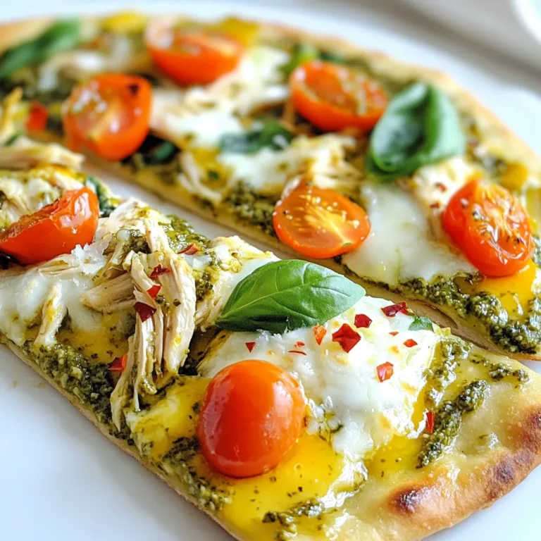 To make Pesto Chicken Flatbread, you need fresh and simple ingredients. Here’s what you will need: - Flatbreads or naan - Cooked chicken - Basil pesto - Cherry tomatoes - Mozzarella cheese - Parmesan cheese - Baby spinach - Olive oil - Salt and pepper - Optional red pepper flakes These ingredients come together to create a dish full of flavor. Using flatbreads or naan gives a nice texture. Shredded chicken adds protein and heartiness. Basil pesto brings a fresh taste, while cherry tomatoes add a hint of sweetness. Mozzarella cheese melts perfectly, creating a gooey layer. Parmesan cheese offers a sharp finish that balances the dish. Baby spinach adds color and nutrition. Olive oil enhances flavors and helps with browning. Always season with salt and pepper to taste. If you like a little heat, sprinkle some red pepper flakes on top. Having these ingredients ready makes it easy to whip up a tasty meal any night of the week. {{ingredient_image_1}} Preheating the Oven First, set your oven to 400°F (200°C). This temperature cooks the flatbreads just right. Preparing the Flatbreads Place two flatbreads or naan on a baking sheet. Use parchment paper to keep them from sticking. This step makes clean-up easy. Combining Chicken and Pesto In a bowl, mix one cup of shredded chicken with half a cup of basil pesto. Stir well until the chicken is coated with the pesto. This gives the chicken a fresh taste. Spreading the Chicken Mixture Take the chicken mixture and spread it evenly over each flatbread. Make sure to cover the whole surface. Adding Toppings Next, scatter one cup of halved cherry tomatoes and one cup of baby spinach on top. Then, sprinkle one cup of shredded mozzarella cheese and a quarter cup of grated Parmesan cheese over everything. Drizzle a tablespoon of olive oil on top. Season with salt, pepper, and red pepper flakes if you like some heat. Baking Time and Temperature Slide the baking sheet into the oven. Bake for about 12 to 15 minutes. Look for the cheese to melt and bubble, and the flatbread to turn golden brown. Cooling Before Serving Once done, take the flatbreads out of the oven. Let them cool for a couple of minutes. This makes slicing easier. Then, cut into wedges and enjoy! Choosing the Right Flatbread When picking flatbread, look for fresh options. You can use naan, pita, or any flatbread you enjoy. The thickness matters. Thinner breads crisp up nicely. Thicker breads hold more toppings. Ensuring Even Cooking To cook your flatbreads evenly, place them on a baking sheet. Use parchment paper to stop sticking. Preheat your oven to 400°F (200°C) for the best results. Bake until the cheese is bubbly and the bread is golden. Rotate the baking sheet halfway for even heat. Presentation Tips Serve your flatbreads warm on a colorful platter. Use fresh basil leaves to add a pop of color. A sprinkle of extra Parmesan makes it look fancy. Slice them into wedges for easy sharing. Suggested Pairings Pair this dish with a light salad. A simple mix of greens and a lemon vinaigrette works well. For drinks, try a crisp white wine. A Pinot Grigio or Sauvignon Blanc complements the flavors nicely. Pro Tips Use Fresh Pesto: For the best flavor, opt for fresh basil pesto instead of store-bought. You can make your own by blending fresh basil, garlic, pine nuts, Parmesan cheese, and olive oil. Customize the Toppings: Feel free to add other toppings such as sliced bell peppers, olives, or artichokes to enhance the flavor and texture of your flatbreads. Experiment with Cheeses: Try using different types of cheese such as feta or goat cheese for a unique twist on the classic mozzarella and Parmesan combo. Make It Ahead: Prepare the flatbreads ahead of time by assembling them without baking. Cover and refrigerate, then bake when ready to serve for a quick and easy meal. {{image_2}} You can easily change this recipe to fit different diets. For a vegetarian option, swap out the chicken for plant-based chicken. Many brands offer tasty options that mimic the texture and flavor of chicken. This way, you still enjoy a hearty meal without meat. If gluten is a concern, you can select gluten-free flatbreads or naan. Many stores sell gluten-free options that taste great. Just check the labels to ensure they fit your needs. Adding more toppings can make your flatbread even more exciting. Consider adding olives for a briny kick. They pair well with the pesto and cheese. Artichokes also make a great choice. Their unique taste adds depth to your flatbread. You can use marinated artichokes for extra flavor. Feel free to mix and match toppings based on what you love! The beauty of this dish is its versatility. Refrigeration Guidelines After making Pesto Chicken Flatbread, let it cool. Store leftovers in an airtight container. Keep them in the fridge for up to three days. If you want to keep it longer, freezing is a great option. Freezing Instructions To freeze, wrap the flatbread in plastic wrap. Then, place it in a freezer bag. This helps prevent freezer burn. You can freeze the flatbread for up to three months for the best taste. When you are ready to eat, thaw it in the fridge overnight. Best Methods for Reheating Flatbread To reheat leftover flatbread, the oven works best. Preheat the oven to 350°F (175°C). Place the flatbread on a baking sheet. Heat for about 10 minutes until warm and crispy. You can also reheat it in a skillet. Use medium heat and cover it to keep the moisture. This method helps the cheese melt nicely. How can I make Pesto Chicken Flatbread ahead of time? You can prep the flatbread in advance. Mix the chicken with pesto and store it. Keep the toppings separate until you are ready to bake. This way, the flatbread stays crisp. Can I use store-bought pesto? Yes, store-bought pesto works great! It saves time and still gives a nice flavor. Just be sure to choose a quality brand for the best taste. What are good side dishes to serve with this flatbread? I love serving a fresh salad with this flatbread. A simple green salad or a caprese salad pairs well. You might also enjoy some roasted veggies or a light soup. How long does Pesto Chicken Flatbread last in the fridge? It lasts about 3 days in the fridge. Make sure to cover it well to keep it fresh. Can I substitute chicken with another protein? Absolutely! You can use turkey, shrimp, or even tofu for a vegetarian option. Just make sure any protein is cooked before adding it to the flatbread. In this post, we explored how to make delicious Pesto Chicken Flatbread. We covered all the ingredients, step-by-step instructions, tips for perfection, and variations for dietary needs. You can easily customize this recipe to suit your taste. Keep these methods in mind for quick meals. Whether serving guests or enjoying a quiet night, this dish satisfies. Enjoy cooking and sharing your flatbread creations!