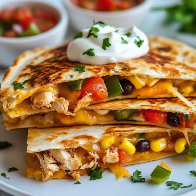 - 2 cups cooked chicken, shredded - 1 cup bell peppers (mix of red and green), sliced - 1 cup corn (fresh or frozen) - 1 cup black beans, rinsed and drained - 1 ½ cups shredded cheddar cheese - 1 teaspoon chili powder - 1 teaspoon cumin - ½ teaspoon garlic powder - ½ teaspoon onion powder - 4 large flour tortillas - 2 tablespoons olive oil - Sour cream and salsa for serving In this recipe, I use simple yet tasty ingredients. Shredded chicken brings protein. Bell peppers add color and crunch. Corn and black beans provide sweetness and texture. The cheddar cheese melts perfectly and ties it all together. The spices do more than add flavor. They excite the taste buds! Chili powder and cumin give warmth. Garlic and onion powder bring depth. This blend of spices makes the quesadilla pop! I choose large flour tortillas for their softness and flexibility. They hold the filling well and crisp up nicely. Olive oil helps achieve that golden brown crust. Finally, sour cream and salsa are perfect for dipping. They add creaminess and tang to every bite. {{ingredient_image_1}} To start, we need to combine the main ingredients. In a large bowl, add: - 2 cups cooked chicken, shredded - 1 cup bell peppers, sliced (mix of red and green) - 1 cup corn (fresh or frozen) - 1 cup black beans, rinsed and drained Next, we mix in the spices. For flavor, add: - 1 teaspoon chili powder - 1 teaspoon cumin - ½ teaspoon garlic powder - ½ teaspoon onion powder Stir everything well. You want the chicken and veggies coated in the spices. This will give your quesadillas a great taste. Now, it’s time to heat the skillet. Pour 1 tablespoon of olive oil into a large skillet over medium heat. Place one tortilla in the skillet. On half of the tortilla, layer: - ½ cup shredded cheddar cheese Then, spoon a generous amount of the chicken mixture over the cheese. Finally, sprinkle another ½ cup of cheese on top. Fold the tortilla in half. Cook for about 3-4 minutes. You want the bottom to turn golden brown and the cheese to start melting. Carefully flip the quesadilla using a spatula. Add the remaining tablespoon of olive oil around the edges of the skillet. Cook for another 3-4 minutes until the other side is golden brown and crispy. Once cooked, remove the quesadilla from the skillet. Slice it into wedges and keep warm. Repeat this process with the remaining tortillas and filling. Serve the quesadillas warm. I like to add sour cream and salsa on the side for dipping. This adds a nice touch to your meal. Enjoy! To make the best quesadilla, focus on even cooking. Start with a medium heat to avoid burning. Using a cast-iron skillet works well, as it holds heat evenly. Check the color of the tortilla; it should be golden brown. This means it is cooked just right. For cheese melting tips, use freshly shredded cheese. Pre-shredded cheese often contains anti-caking agents. These can affect how well the cheese melts. Add cheese to both sides of the filling. This makes the quesadilla extra gooey and delicious. If you want to switch proteins, try using cooked turkey or pork. For a vegetarian option, consider black beans or chickpeas. Both add protein and flavor. Seasonal veggies can elevate your quesadilla. In spring, use fresh asparagus or zucchini. In summer, add ripe tomatoes or corn. Autumn is great for sweet potatoes, while winter calls for hearty greens. For serving styles, consider cutting your quesadilla into wedges. This makes it easier to share. You can stack the wedges on a plate for a colorful look. Garnishing adds visual appeal. Try adding fresh cilantro or a sprinkle of lime juice. A dollop of sour cream and a side of salsa make it fun to dip. These small touches make your meal look gourmet. Pro Tips Use Fresh Ingredients: For the best flavor, use fresh bell peppers and corn when available. Fresh ingredients enhance the overall taste of your quesadillas. Don’t Overfill: Be careful not to overfill your quesadilla. A little filling goes a long way, and it helps to avoid messy spills when cooking and flipping. Customize Your Cheese: While cheddar is great, feel free to mix different cheeses like Monterey Jack or pepper jack for added flavor and creaminess. Keep Them Warm: After cooking each quesadilla, place them on a plate covered with a kitchen towel or in a warm oven to keep them warm while you finish the rest. {{image_2}} You can easily swap chicken for veggies in your quesadilla. Try using a mix of sautéed mushrooms, zucchini, and spinach. These add great flavor and texture. You can add different types of cheese too. Mozzarella or pepper jack work well here. They melt nicely and enhance the taste. If you like heat, consider making spicy chicken quesadillas. Adding jalapeños brings a nice kick to the filling. You can also use spicy cheese, like pepper jack, for more heat. A splash of hot sauce can amp up the flavor too. Just a little will make your taste buds dance! Breakfast quesadillas are a fun twist on the classic. Start by adding scrambled eggs and your favorite breakfast meats, like bacon or sausage. You can mix in breakfast-style spices too, like paprika or a pinch of cayenne. Add some diced bell peppers for color and flavor. They make a tasty start to your day! To store your leftover quesadillas, first let them cool to room temperature. This step helps prevent sogginess. Next, place them in an airtight container. Glass or plastic containers work well. You can also wrap them tightly in plastic wrap or foil. Label the container with the date. This way, you know when to eat them. When it comes to reheating, you have two main options: the oven or the microwave. For the oven, preheat it to 350°F (175°C). Place the quesadillas on a baking sheet. Heat them for about 10-15 minutes. This keeps them crispy. If you use the microwave, place a quesadilla on a plate. Heat it for 1-2 minutes. You may lose some crispiness, so add a paper towel to keep it moist. To freeze quesadillas, make sure they cool completely first. Then, wrap each one in plastic wrap. Place the wrapped quesadillas in a freezer-safe bag. Be sure to remove as much air as possible. For thawing, take them out of the freezer and leave them in the fridge overnight. You can also use the microwave for a quick thaw. Just remember to reheat them afterward to get that crispy texture back. Yes, you can make quesadillas ahead of time. Prepare the filling and store it in the fridge. Use a sealed container to keep it fresh. You can also cook the quesadillas, then store them in the fridge for later. To do this, let them cool before wrapping them in foil or plastic wrap. They will stay good for up to three days. For quesadillas, I recommend using shredded cheddar cheese. It melts well and adds a nice flavor. You can also try Monterey Jack or a mix of both. These cheeses create a creamy texture. If you want something different, consider using pepper jack for a spicy kick. To make quesadillas gluten-free, switch to gluten-free tortillas. Many brands offer options made from rice or corn. You can also use lettuce wraps for a lighter version. Just be sure to check the labels for gluten-free certification. Fill them with your favorite ingredients to keep them tasty and satisfying. This blog post detailed how to make delicious quesadillas from scratch. You learned about key ingredients like shredded chicken, bell peppers, and spices. I shared step-by-step instructions on preparing, cooking, and serving these tasty meals. I also gave you tips for perfecting your quesadillas and various options like vegetarian and breakfast styles. Storing and reheating leftovers was covered too. Now, with these tools and ideas, you can enjoy making quesadillas your way. Happy cooking!