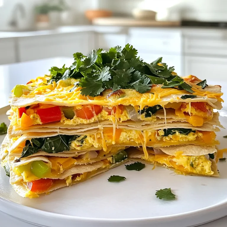 Here is the full list of ingredients you will need for Tortilla Quiche Bake: - 6 large flour tortillas - 1 cup shredded sharp cheddar cheese - 1 cup diced cooked chicken (optional) - 1 cup chopped spinach - 1 bell pepper (diced) - 1 small onion (diced) - 6 large eggs - 1 cup milk - 1 teaspoon garlic powder - 1 teaspoon cumin - Salt and pepper to taste - Fresh cilantro for garnish (optional) Each ingredient adds a special touch to this dish. The tortillas form the base, while the cheese creates a rich flavor. You can add chicken for protein, or keep it vegetarian with just veggies. Spinach and bell pepper add color and health benefits. The eggs and milk bind everything together, making it a hearty meal. Using spices like garlic powder and cumin enhances the taste. Don't forget salt and pepper; they balance the flavors. Finally, cilantro adds a fresh finish. With these simple ingredients, you can create a delicious and satisfying dish! - Preheat the oven to 375°F (190°C). - Grease a large baking dish (9x13 inches) with cooking spray or oil. - Lay 3 tortillas on the bottom, overlapping them a bit. - In a bowl, mix the cheddar cheese, chicken (if using), spinach, bell pepper, and onion. - Spoon half of this mixture over the tortillas. - Add another layer of 3 tortillas on top. Press them down gently. - In another bowl, whisk the eggs, milk, garlic powder, cumin, salt, and pepper well. - Pour this egg mix over the layered tortillas and veggies. Make sure it seeps through. - Bake for 30-35 minutes until the egg is set and the top is golden brown. - Bake at 375°F (190°C). - The ideal baking time is 30-35 minutes. - Let it cool for about 10 minutes before slicing. - Garnish with fresh cilantro for a pop of color. To make your tortilla quiche bake shine, use fresh ingredients. Fresh veggies add flavor and texture. When layering, press down gently on the tortillas. This helps keep everything together. To avoid a soggy bottom, pre-bake your tortillas for a few minutes. This step firms them up before adding the filling. Feel free to get creative with cheese. If you want a lighter option, try mozzarella or feta. For veggies, you can add mushrooms, zucchini, or tomatoes. These can change the taste and make it unique. Use what you have in your fridge to customize your dish. Pair your quiche bake with a fresh salad or some fruit. A crisp green salad works well with the rich flavors. For drinks, serve it with iced tea or lemonade. These drinks add a refreshing touch. For presentation, cut the quiche into squares and garnish with cilantro. This makes your dish look inviting and colorful. {{image_2}} For a tasty vegetarian tortilla quiche bake, skip the chicken. You can add more veggies like zucchini, mushrooms, or carrots. You can also use plant-based cheese. This change keeps the dish creamy and flavorful without meat. Want a kick? Add jalapeños or some hot sauce. You can mix in spices like chili powder, paprika, or cayenne pepper. This adds heat and makes your quiche exciting. For a breakfast version, try using breakfast meats like sausage or bacon. Adding fresh herbs like parsley or chives can bring extra flavor. This makes the dish perfect for brunch or a hearty morning meal. Use airtight containers to store your tortilla quiche bake. Glass or plastic containers work well. Make sure to cool it before sealing. This helps keep it fresh longer. Keep it in the fridge for up to three days. If you want to enjoy it later, freezing is a great option. To reheat, use the oven for the best results. Preheat your oven to 350°F (175°C). Place the quiche in the oven for about 15-20 minutes. Cover it with foil to keep it moist. If you use a microwave, heat it for 1-2 minutes. Check to make sure it is warm all the way through. Yes, you can freeze tortilla quiche bake! Cut it into squares before freezing. Place the squares in a single layer on a baking sheet. Once frozen, transfer them to freezer bags. This method helps avoid sticking. To thaw, move the quiche to the fridge overnight. Then, reheat as mentioned above. Yes, you can use corn tortillas. They add a unique texture and flavor. Corn tortillas are firmer and may not soak up the egg mixture as much as flour. This can give your quiche a slight crunch. If you like, try mixing both types for a fun twist! Your quiche is done when the top is golden brown. The egg should be set, and a knife inserted in the center comes out clean. If it jiggles too much, give it a few extra minutes in the oven. Keep an eye on it to avoid overbaking. Absolutely! You can prepare the tortilla quiche bake the night before. Just follow the steps and cover the dish. Store it in the fridge overnight. When you’re ready to bake, let it sit at room temperature for 15 minutes. Then, pop it in the oven! This saves time and makes for a quick meal. This blog post covered a simple and tasty tortilla quiche bake. I shared ingredients, step-by-step instructions, and tips for perfecting your dish. You can easily swap ingredients or make variations to suit your taste. In the end, you now have all the tools to create a delicious meal. Have fun with your cooking and enjoy every bite!