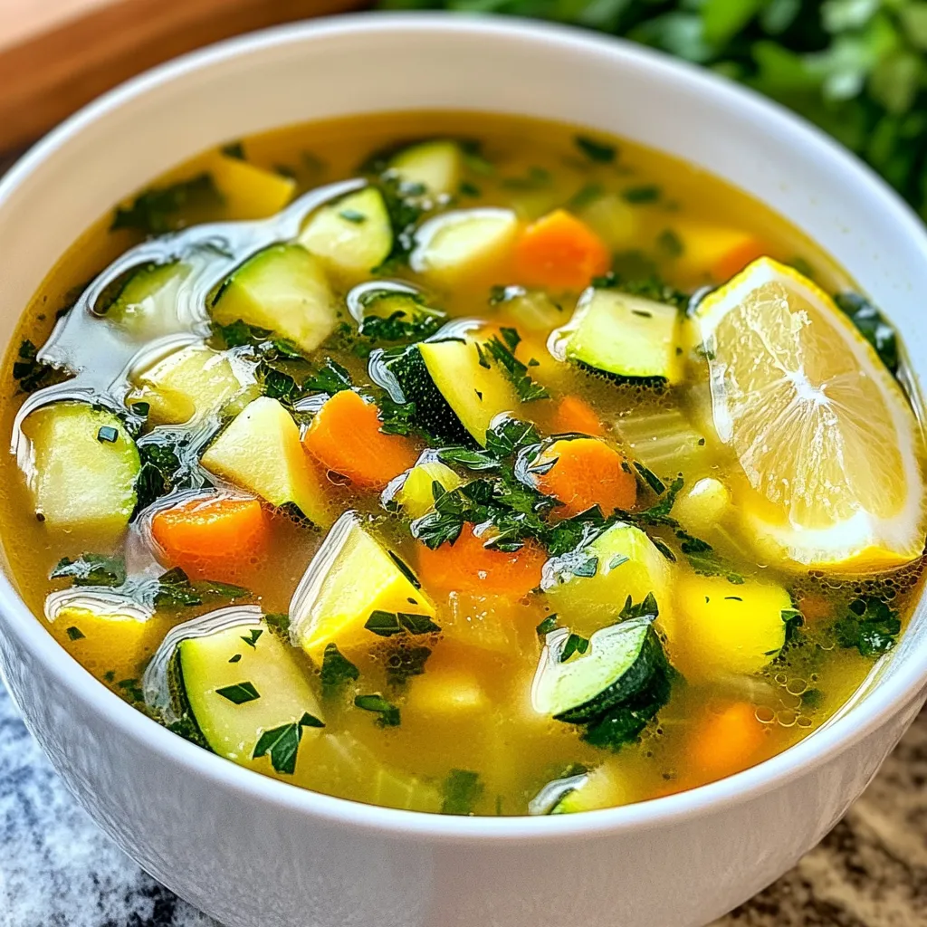 - 1 tablespoon olive oil - 1 medium onion, chopped - 2 garlic cloves, minced - 2 medium carrots, diced - 2 celery stalks, diced - 1 zucchini, diced - 1 cup fresh spinach, roughly chopped In this soup, fresh ingredients create a vibrant taste. The olive oil adds richness. The onion and garlic offer a strong base. Carrots and celery give sweetness and crunch. Zucchini is tender and brings a nice texture. Spinach adds a pop of green and nutrients. - 1 teaspoon dried oregano - 1 teaspoon dried basil - Salt and pepper to taste Herbs make this soup flavorful. Oregano adds an earthy note. Basil brings a hint of sweetness. Salt and pepper help balance all the flavors. The right amount of these spices makes a big difference. - 6 cups low-sodium vegetable broth - 1 cup cooked chickpeas - 1 cup diced tomatoes (canned or fresh) Broth is the heart of the soup. Low-sodium vegetable broth keeps it light and healthy. Chickpeas are a great protein source. They add texture and make you feel full. Diced tomatoes bring acidity and sweetness. Together, these ingredients create a hearty soup that warms you up. {{ingredient_image_1}} 1. Sautéing the vegetables Start by heating one tablespoon of olive oil in a large pot over medium heat. Add one chopped onion. Sauté for about 3-4 minutes. The onion should turn clear. Next, stir in two minced garlic cloves, two diced carrots, and two diced celery stalks. Cook for around 5 minutes. Stir often until the veggies soften. 2. Adding herbs and spices Once the veggies soften, add one diced zucchini. Sprinkle in one teaspoon of dried oregano and one teaspoon of dried basil. Stir everything well. Let it cook for another 3 minutes. This enhances the flavors and aroma. 1. Incorporating broth and chickpeas Now it's time to pour in six cups of low-sodium vegetable broth. Bring the mixture to a gentle simmer. Once it simmers, add one cup of cooked chickpeas and one cup of diced tomatoes. You can use canned or fresh tomatoes. 2. Simmering for flavor development Allow the soup to cook for about 15-20 minutes. This step helps all the flavors blend together. The vegetables should become tender and tasty. 1. Adding spinach before serving Just before serving, stir in one cup of roughly chopped fresh spinach. Cook for another 2-3 minutes. The spinach will wilt quickly, adding color and nutrients. 2. Garnishing and serving tips Season the soup with salt and pepper to taste. Serve hot in bowls. Add fresh parsley on top for a touch of color. Don’t forget a lemon wedge on the side! It adds a nice zesty flavor. To boost the taste of your Light Italian Penicillin Soup, think about adding fresh herbs. Basil and oregano are great, but you can also try thyme or rosemary. These herbs add depth and freshness that dried versions can't always match. Using homemade broth makes a big difference too. Store-bought broth can be salty and lack flavor. Homemade broth gives you control over the taste and health. Just simmer vegetable scraps with water and seasonings for a rich, tasty base. Meal prep can save you time. Chop your veggies ahead of time. You can store them in the fridge for up to three days. This way, you can throw everything into the pot with ease. If you're busy, cut cooking time by using a pressure cooker. It cooks the soup quickly while keeping flavors strong. You can have your soup ready in about 15 minutes! Want a lighter soup? Swap regular olive oil for a spray version to cut calories. You can also use less oil or broth to save on fat. If you prefer a vegan option, replace chickpeas with lentils. They are rich in protein and add texture. Also, try using coconut milk instead of broth for a creamier taste without dairy. Pro Tips Use Fresh Herbs: Fresh basil and oregano can elevate the flavor of your soup significantly compared to dried herbs. Customize Your Veggies: Feel free to add or swap in your favorite vegetables, such as bell peppers or green beans, for a personal touch. Chickpea Variations: If you prefer, you can substitute chickpeas with other beans like cannellini or kidney beans for a different texture and taste. Serve with Grains: For added heartiness, serve the soup over cooked quinoa or brown rice for a complete meal. {{image_2}} You can change the protein in this soup. If you want a meatless option, use beans or lentils. Chickpeas work well, but black beans or kidney beans can add a nice touch. Lentils cook fast and add a hearty feel. If you prefer meat, chicken or turkey can be great choices. Use cooked, shredded chicken for quick prep. For turkey, ground turkey can add nice flavor. Just make sure to cook it before adding it to the soup. Feel free to mix in different vegetables. Seasonal veggies can add freshness and flavor. Try adding bell peppers, peas, or asparagus for a fun twist. Each season offers new tastes. You can also use other leafy greens. Kale or Swiss chard can replace spinach. Just chop them and add them in the last few minutes of cooking. They wilt nicely and boost nutrition. This soup can fit many diets. For gluten-free needs, make sure your broth is gluten-free. The other ingredients are naturally gluten-free. If you want a low-carb option, skip the chickpeas and tomatoes. Instead, increase the amount of zucchini or add cauliflower. This keeps the soup filling while reducing carbs. To keep your Light Italian Penicillin Soup fresh, follow these tips: - Refrigeration tips: Store the soup in an airtight container. It can stay in the fridge for up to 3 days. Make sure it cools down before you seal it. This helps to prevent condensation inside the container. - Freezing guidelines: You can freeze this soup for up to 3 months. Use freezer-safe containers to avoid freezer burn. Leave some space at the top of the container. The soup will expand as it freezes. When it’s time to enjoy your soup again, you have options: - Microwave vs. stovetop: You can reheat it in the microwave or stovetop. For the microwave, heat in short bursts, stirring in between. For the stovetop, warm it over low heat, stirring often. - Maintaining flavor and texture: Add a splash of vegetable broth or water while reheating. This keeps the soup from getting too thick. Stir well to blend the flavors. Knowing how long your soup lasts is key: - How long can the soup last: In the fridge, your soup lasts about 3 days. In the freezer, it can last up to 3 months. - Signs of spoilage: Look for any off smells or changes in color. If the soup appears slimy or has mold, throw it away. Always trust your senses! Italian Penicillin Soup is a warm, hearty dish. It has roots in Italian cooking, often linked to comfort food. Many people believe it helps with colds and flu, hence the name "penicillin." The soup blends vegetables, herbs, and broth, making it both tasty and healthy. Each spoonful offers a burst of flavors from fresh ingredients. This soup is perfect for chilly days or when you need a little extra warmth. Yes, you can make this soup ahead of time. In fact, it tastes even better the next day. To prepare, cook the soup as directed. Once it cools, store it in an airtight container. Keep it in the fridge for up to three days. You can also freeze it for later use. Just remember to let it thaw in the fridge overnight before reheating. This soup is easy to heat on the stove or in the microwave. You can add spice to your Italian Penicillin Soup in many ways. A simple method is to add red pepper flakes. Start with a pinch and taste, adding more if needed. You could also include diced jalapeños or fresh chili peppers. For a different flavor, try a dash of hot sauce. These options will give your soup a nice kick without overpowering it. Keep in mind to balance flavors for the best taste. This blog post covered how to make a tasty and healthy soup. We discussed fresh ingredients like veggies, herbs, and proteins. I shared step-by-step instructions to guide your cooking. You learned tips for enhancing flavor and making it fit various diets. We explored storage and reheating best practices too. Enjoy creating your soup with these ideas. Don’t hesitate to customize it to your taste. Your kitchen can be the place for delicious meals that warm your heart!