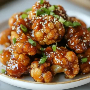 To make this tasty dish, gather these main ingredients: - 1 medium head of cauliflower, cut into florets - 1 cup cornstarch - 1 cup vegetable oil (for frying) - 1 tablespoon sesame oil - 2 tablespoons soy sauce - 3 tablespoons maple syrup - 1 tablespoon rice vinegar - 1 teaspoon fresh ginger, minced - 2 cloves garlic, minced - 1 tablespoon sesame seeds These ingredients create a great balance of flavor and texture. The cauliflower will be crispy and the sauce will be sweet and savory. You can enhance your dish with these optional garnishes: - 2 green onions, chopped (for garnish) - Salt and pepper to taste Adding green onions gives a nice crunch and bright flavor. Adjust the salt and pepper based on your taste. Sticky sesame cauliflower is not just tasty; it also has good nutrients. Here’s a quick look: - Calories: Approximately 250 per serving - Protein: 4 grams - Fat: 14 grams - Carbohydrates: 30 grams - Fiber: 3 grams This dish is a fun way to enjoy veggies and can fit into many diets. {{ingredient_image_1}} Start by rinsing the cauliflower florets well. This step is key. It removes any dirt. After rinsing, pat them dry using a kitchen towel. This helps the cornstarch stick better later. Next, grab a large mixing bowl. Pour in one cup of cornstarch. Toss the dry cauliflower florets in the bowl. Make sure each floret gets a good coat of cornstarch. Shake off any extra cornstarch. This helps create a crispy texture. Now, heat one cup of vegetable oil in a pan. Aim for medium-high heat. You want the oil to be about 350°F or 180°C. Use a thermometer if you have one. Carefully add the coated florets in batches. Avoid crowding the pan. Fry them for about 4 to 6 minutes. Look for a golden brown color. Once done, use a slotted spoon to take them out. Drain them on paper towels to remove excess oil. In a separate saucepan, combine sesame oil, soy sauce, maple syrup, and rice vinegar. Add minced ginger and garlic to the mix. Heat this over medium heat. Whisk it together and let it simmer for about 2 to 3 minutes. You want the sauce to thicken slightly. Time to bring it all together! Add the crispy cauliflower to the saucepan. Gently toss the florets in the sticky sauce. Make sure every piece is well coated. This is where the magic happens! Remove the pan from heat. Sprinkle sesame seeds and chopped green onions on top. Season with salt and pepper to taste. Serve this dish on a large plate. Arrange it in a mound. Finish with more sesame seeds and green onions for a lovely look. Enjoy your sticky sesame cauliflower! Frying cauliflower can be a fun task. Here are my top tips for great results: - Dry Flour: Make sure the cauliflower is dry before coating it. This helps the cornstarch stick well. - Hot Oil: Heat the oil to around 350°F (180°C) for a crispy texture. Use a thermometer if you have one. - Batch Fry: Fry the florets in small batches. This prevents them from steaming and keeps them crispy. The sauce can make or break your dish. Here’s how to get it just right: - Whisk Well: While heating, whisk the sauce to combine all the ingredients smoothly. - Simmer: Allow the sauce to simmer for 2-3 minutes. This thickens it nicely. - Adjust as Needed: If the sauce is too thin, simmer longer. If it's too thick, add a splash of water. Storing leftovers properly keeps them tasty for later. Follow these steps: - Cool First: Let the sticky sesame cauliflower cool down to room temperature. - Use Airtight Containers: Place the cooled cauliflower in airtight containers. This keeps it fresh. - Refrigerate: Store in the fridge for up to 3 days. For longer storage, consider freezing. Pro Tips Dry the Cauliflower: Ensure the cauliflower is thoroughly dried after rinsing. This helps the cornstarch stick better, leading to a crispier texture after frying. Use a Thermometer: To achieve the perfect frying temperature of 350°F (180°C), use a deep-fry thermometer. This prevents undercooking or burning the cauliflower. Don’t Overcrowd the Pan: Fry the cauliflower in batches to maintain the oil temperature. Overcrowding can lead to soggy pieces instead of crispy ones. Let the Sauce Cool: After combining the cauliflower with the sauce, let it sit for a minute before serving. This allows the sauce to adhere better and enhances the flavors. {{image_2}} You can make sticky sesame cauliflower spicy by adding hot sauce or chili flakes. Start with one teaspoon of your favorite hot sauce while making the sticky sauce. If you like more heat, add more. You can also toss in red pepper flakes when mixing in the cauliflower. This gives each bite a nice kick. To make this dish vegan-friendly, use vegetable oil and maple syrup, which are already in the recipe. Substitute soy sauce with tamari for a gluten-free version. You can also try agave syrup instead of maple syrup. This keeps the sweet flavor while staying plant-based. This sticky sesame cauliflower pairs well with many meals. You can serve it over rice or quinoa for a complete meal. It also works great as a side dish with stir-fried vegetables or grilled tofu. Add a fresh salad on the side for extra crunch and flavor. You can even use it as a fun topping for tacos or wraps! To store leftover sticky sesame cauliflower, let it cool first. Place it in an airtight container. This keeps it fresh and tasty. You can store it in the fridge for up to three days. If you notice the sauce thickening, add a bit of water when reheating. When you are ready to eat the leftovers, you can reheat them easily. The best way is to use a pan on the stove. Heat it over medium heat. Add a splash of water or oil to help steam it. Stir often for even heating. You can also use a microwave. Just cover it to prevent drying out. Heat for 1-2 minutes, checking it often. You can freeze sticky sesame cauliflower for longer storage. Place cooled cauliflower in a freezer-safe bag. Make sure to remove as much air as possible. It will stay good for about one month. When you are ready to eat it, thaw it in the fridge overnight. Reheat as mentioned above. To make your cauliflower crispy, start by drying it well. After washing, use a towel to pat the florets dry. This helps the cornstarch stick better. Then, coat the florets evenly with cornstarch. Fry them in hot oil, around 350°F or 180°C. Do not overcrowd the pan; fry in batches. This way, they cook evenly and get that golden, crunchy texture. Yes, you can use other vegetables! Broccoli, Brussels sprouts, or even tofu work well. Just cut them into similar-sized pieces so they cook evenly. Each vegetable will bring its own flavor and texture. Experiment with different options to find your favorite. Sticky sesame cauliflower pairs well with many dishes. Serve it with steamed rice or quinoa for a full meal. You can also add a side of stir-fried veggies for color and crunch. For extra protein, try it with grilled chicken or tofu. To adjust the sweetness, add more or less maple syrup. If you want it sweeter, add a tablespoon more. If you prefer less sweetness, reduce it by a tablespoon. You can also balance it with a splash more soy sauce or rice vinegar for added flavor. This blog post shared how to make Sticky Sesame Cauliflower. You learned about the main ingredients, step-by-step cooking, and helpful tips. I shared variations and storage methods to enjoy this dish longer. Remember, great food should always be fun and easy. Experiment with flavors that excite you. Whether you stick to the original or try something new, enjoy your cooking journey!