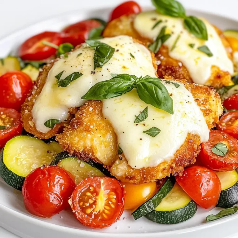 For this dish, you need a few key items. Here’s what you’ll need: - 2 boneless, skinless chicken breasts - 1 cup whole wheat breadcrumbs - 1/2 cup grated Parmesan cheese - 1 teaspoon Italian seasoning - 1 teaspoon garlic powder - 1/2 teaspoon salt - 1/4 teaspoon black pepper - 2 eggs, beaten - 1 1/2 cups marinara sauce (low sodium) - 1 cup shredded mozzarella cheese (part-skim) These ingredients create a tasty and healthier version of chicken Parmesan. Adding vegetables makes this dish packed with nutrition. Here are some great choices: - 1 red bell pepper, diced - 1 zucchini, sliced - 1 cup cherry tomatoes, halved These veggies add color and flavor. They also help you reach your daily veggie goal. I love using healthier swaps in my recipes. Here are some alternatives you can try: - Choose whole wheat breadcrumbs for more fiber. - Use low-sodium marinara sauce to cut down on salt. - Opt for part-skim mozzarella cheese to reduce fat. These choices keep your dish light without losing taste. Enjoy making this healthy chicken Parmesan! {{ingredient_image_1}} Start by preheating your oven to 400°F (200°C). Take the chicken breasts and pat them dry with a paper towel. This removes extra moisture. Next, put the chicken in a plastic bag and gently pound it to make it even. This step helps the chicken cook evenly. Aim for about 1/2 inch thick. In a shallow dish, combine whole wheat breadcrumbs, grated Parmesan cheese, Italian seasoning, garlic powder, salt, and black pepper. Mix this well. The breadcrumbs will add crunch, while the cheese and spices give flavor. Set this mixture aside for breading later. Heat 1 tablespoon of olive oil in a large skillet over medium heat. Add diced red bell peppers, sliced zucchini, and halved cherry tomatoes. Sauté these for about 5-7 minutes. The veggies should be tender and vibrant. This adds color and nutrients to your meal. Once done, remove them from heat and set aside. Now, take each pounded chicken breast and dip it into the beaten eggs. Let any excess egg drip off. Next, coat the chicken in the breadcrumb mixture. Press gently to make sure it sticks. Place the chicken on a baking sheet lined with parchment paper. Bake for about 20 minutes until golden brown and cooked through. After 20 minutes, spoon marinara sauce over each chicken piece. Then sprinkle shredded mozzarella cheese on top. Bake for another 5-7 minutes until the cheese melts. To serve, put a portion of the sautéed vegetables on each plate. Place the cheesy chicken next to the veggies. Garnish with fresh basil leaves for a burst of flavor and color. This dish looks and tastes amazing! To get that great crunch, use whole wheat breadcrumbs. They add texture and flavor. Make sure to press the crumbs onto the chicken well. This helps them stick. Bake the chicken at 400°F for the best crisp. Don't overcrowd the pan; give each piece space. This allows hot air to circulate. If you want an extra crunch, broil the chicken for the last minute. Add some spice to your chicken! Try mixing in red pepper flakes or paprika with your breadcrumbs. You can also use fresh herbs like thyme or oregano. They bring a fresh taste. For a zesty kick, squeeze some lemon juice over the chicken after baking. This brightens up the dish and adds a nice touch. You can prep this meal ahead of time. Bread the chicken and store it in the fridge for up to a day. This way, you can cook it quickly when you need it. You can also sauté the veggies in advance. Just warm them up when you bake the chicken. This makes dinner a breeze on busy nights. Pro Tips Butterfly the Chicken: For more even cooking, consider butterflying the chicken breasts. This will help them cook faster and more uniformly. Make Your Own Breadcrumbs: For a fresher taste and better texture, use stale whole wheat bread to make your own breadcrumbs. Just pulse in a food processor until finely ground. Customize the Veggies: Feel free to swap in your favorite vegetables or whatever you have on hand. Spinach, mushrooms, or eggplant also work wonderfully. Extra Crispy Chicken: If you prefer a crunchier coating, spray the breaded chicken with a little cooking spray before baking to help it brown nicely. {{image_2}} You can change the protein in this dish. Turkey is a great option. It has less fat and is still tasty. Just use turkey cutlets instead of chicken. Eggplant is a fun choice too. Slice the eggplant into rounds and bread it like chicken. Bake until golden. You will enjoy a healthy twist on this classic meal. Feel free to mix in other veggies. Broccoli, spinach, and mushrooms work well. You can toss them in during the sauté step. They add color and flavor. Carrots or asparagus also taste great with this dish. Pick what you like best. This way, you make the meal more fun and colorful. If you need a gluten-free option, swap the breadcrumbs. Use ground almonds or gluten-free breadcrumbs. These options still give a nice crunch. You can also use crushed rice cereal for a lighter texture. Just make sure to check the labels for gluten. This way, everyone can enjoy a tasty chicken parmesan. To keep your Healthy Chicken Parmesan fresh, follow these steps: - Let the dish cool completely. - Place it in an airtight container. - Store it in the fridge for up to three days. If you want to keep it longer, consider freezing it. Just make sure to separate the chicken from the veggies for best results. When it’s time to eat your leftovers, reheat them carefully: - Preheat your oven to 350°F (175°C). - Place the chicken and veggies on a baking sheet. - Cover with foil to keep moisture in. - Heat for about 15-20 minutes until warm. This method helps maintain the crispiness of the chicken and the freshness of the veggies. Freezing is a great way to save this dish for later. Here’s how to do it right: - First, wrap each chicken breast tightly in plastic wrap. - Then, place the wrapped chicken in a freezer bag. - Add the sautéed vegetables in a separate bag or container. You can freeze them for up to three months. To eat, thaw in the fridge overnight and reheat as described above. This way, you can enjoy your Healthy Chicken Parmesan on busy days! Yes, you can use regular breadcrumbs. Whole wheat adds more fiber and nutrients. If you want a healthier option, stick to whole wheat. Try using low-fat cheese or a dairy-free cheese. Both options melt well and taste great. You can also use ricotta or goat cheese for a twist. To make it dairy-free, skip the cheese and use dairy-free cheese instead. You can also add more veggies for flavor. Nutritional yeast can add a cheesy taste without dairy. Absolutely! Grilling gives the chicken a nice smoky flavor. Just season the chicken and grill until cooked through. Keep an eye on it to avoid drying out. To sum up, we've explored how to make a healthy chicken Parmesan. We covered key ingredients, like lean chicken, tasty vegetables, and smart substitutes. The step-by-step guide ensures a perfect dish you can bake with ease. I shared tips for a nice crunch and flavor boosts, plus variations for different diets. Remember to store leftovers properly and reheating can keep the meal fresh. I hope you feel ready to try this healthy spin on a classic dish. Enjoy your cooking!