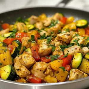- 2 boneless, skinless chicken breasts, cubed - 2 medium zucchinis, sliced into half-moons - 1 red bell pepper, diced - 1 teaspoon garlic powder - 1 teaspoon onion powder - 1 teaspoon paprika - Salt and pepper to taste - 2 tablespoons olive oil - 1 tablespoon balsamic vinegar - 1/4 cup chicken broth (low-sodium) - Fresh parsley, chopped (for garnish) You will need two boneless and skinless chicken breasts. These should be cut into cubes. Grab two medium zucchinis; slicing them into half-moons gives a nice shape. A single red bell pepper diced adds color and taste. For flavor, you will use garlic powder, onion powder, and paprika. These spices bring a warm taste. You can season with salt and pepper as you like. For cooking, two tablespoons of olive oil are best. This oil helps the chicken cook well. A tablespoon of balsamic vinegar adds a sweet and tangy kick. The low-sodium chicken broth will keep it moist without too much salt. Finally, fresh parsley will brighten your dish when you garnish it. I recommend using olive oil for this recipe. It has a rich taste and holds up well at medium heat. You can also choose avocado oil. It has a light flavor and is good for high heat. Both oils help cook the chicken perfectly. {{ingredient_image_1}} Start by cutting the chicken breasts into small cubes. This helps them cook evenly. Sprinkle garlic powder, onion powder, paprika, salt, and pepper over the chicken. Mix everything well. This step adds great flavor to the chicken. Heat two tablespoons of olive oil in a large skillet over medium heat. Once the oil is hot, add the seasoned chicken. Cook for about 5 to 7 minutes. Stir often until the chicken turns golden brown and is fully cooked. This step is key to having juicy chicken. After the chicken is cooked, it’s time to add the veggies. Toss in the sliced zucchinis and diced red bell pepper. Stir gently to mix them with the chicken. Pour in one tablespoon of balsamic vinegar and 1/4 cup of low-sodium chicken broth. Mix well again. Let everything simmer for another 5 to 7 minutes. This makes the zucchinis tender but still bright and crunchy. Enjoy the mix of flavors and colors in your skillet! To make sure your chicken turns out great, start with fresh meat. I prefer boneless, skinless chicken breasts for this dish. Cut them into equal cubes. This helps them cook evenly. Season the chicken well with garlic powder, onion powder, paprika, salt, and pepper. When you add the chicken to the hot oil, hear that sizzle! This sound means you’re on the right track. Cook the chicken until it’s golden brown and fully cooked, about 5-7 minutes. Zucchini cooks fast, so don’t overdo it. Slice the zucchinis into half-moons. This shape allows for quick cooking while keeping some bite. Add them to the skillet after the chicken is cooked. Stir gently to mix them with the chicken. Pour in the balsamic vinegar and chicken broth to boost flavor. Let everything simmer for 5-7 minutes. You want the zucchini tender but still bright green. If you have leftovers, store them in an airtight container. This keeps the chicken and zucchini fresh. Let the dish cool before sealing it up. You can keep it in the fridge for up to three days. When you're ready to eat, reheat gently on the stove or in the microwave. This helps maintain the dish's flavor and texture. Pro Tips Keep Chicken Juicy: Marinate the chicken in olive oil and seasonings for at least 30 minutes before cooking to enhance flavor and moisture. Perfectly Cooked Zucchini: Add the zucchini to the skillet only after the chicken is cooked to avoid overcooking and losing its vibrant color. Custom Flavor Boost: Experiment with fresh herbs like thyme or basil to elevate the dish's flavor profile. Serving Suggestions: This skillet dish pairs well with quinoa or brown rice for a complete meal that is hearty and nutritious. {{image_2}} You can make this dish even better by adding more veggies. Try carrots, onions, or mushrooms. These add color and taste. Just chop them into small pieces. Add them to the skillet when you include the zucchini. This way, they cook evenly. You can also use leafy greens like spinach or kale. They will wilt nicely in the skillet and bring extra nutrition. If you want a different protein, swap the chicken for shrimp or tofu. Shrimp cooks fast. Just add it to the skillet after the veggies. Tofu needs a bit more time to brown. Make sure to press the tofu first to remove extra water. This helps it soak up the flavors better. You can also try turkey or beef, but adjust the cooking time accordingly. Changing the seasonings can create new flavors. Instead of garlic powder, try fresh garlic for a stronger taste. You can use Italian herbs like oregano and basil for a fresh twist. A pinch of red pepper flakes will add some nice heat. For a smoky flavor, try smoked paprika instead of regular paprika. Experimenting with spices is fun and can lead to tasty surprises! Store your Chicken Zucchini Skillet in an airtight container. Let it cool for about 30 minutes before sealing. This helps keep the dish fresh. You can store it in the fridge for up to 3 days. If you want to keep it longer, consider freezing it. When you are ready to eat, reheat the dish on the stove. Use low heat to avoid drying it out. You can also use a microwave. Heat it in short bursts, stirring in between. This ensures even warming and keeps the flavors intact. To freeze, place the cooled dish in a freezer-safe container. Make sure it is sealed tightly. You can freeze it for up to 3 months. When you are ready to eat, thaw overnight in the fridge. Then, reheat on the stove or microwave. Enjoy the flavors just like when it was fresh! Cooking chicken in a skillet takes about 10 to 15 minutes. First, heat the oil. Then, add the chicken. Cook it for 5 to 7 minutes until it turns golden brown. Always check that it reaches 165°F for safety. Yes, you can use frozen chicken. However, it takes longer to cook. I suggest thawing the chicken first for even cooking. If you must cook it from frozen, increase the cooking time by about 10 minutes. Always ensure it is fully cooked before serving. Many vegetables work well with chicken zucchini skillet. Bell peppers add sweetness and color. Mushrooms bring a rich flavor. You can also add spinach for a nutrient boost. Carrots add crunch, while broccoli gives a nice texture. Feel free to mix and match! In this post, we explored the key ingredients and step-by-step instructions for a chicken zucchini skillet. I shared tips for cooking the chicken just right, how to prepare zucchini, and ways to store your meal. We also discussed variations to keep your dish exciting. Take these insights to create a tasty, nutritious dish you'll love. Remember, each cooking session is a chance to learn and enjoy. Happy cooking!