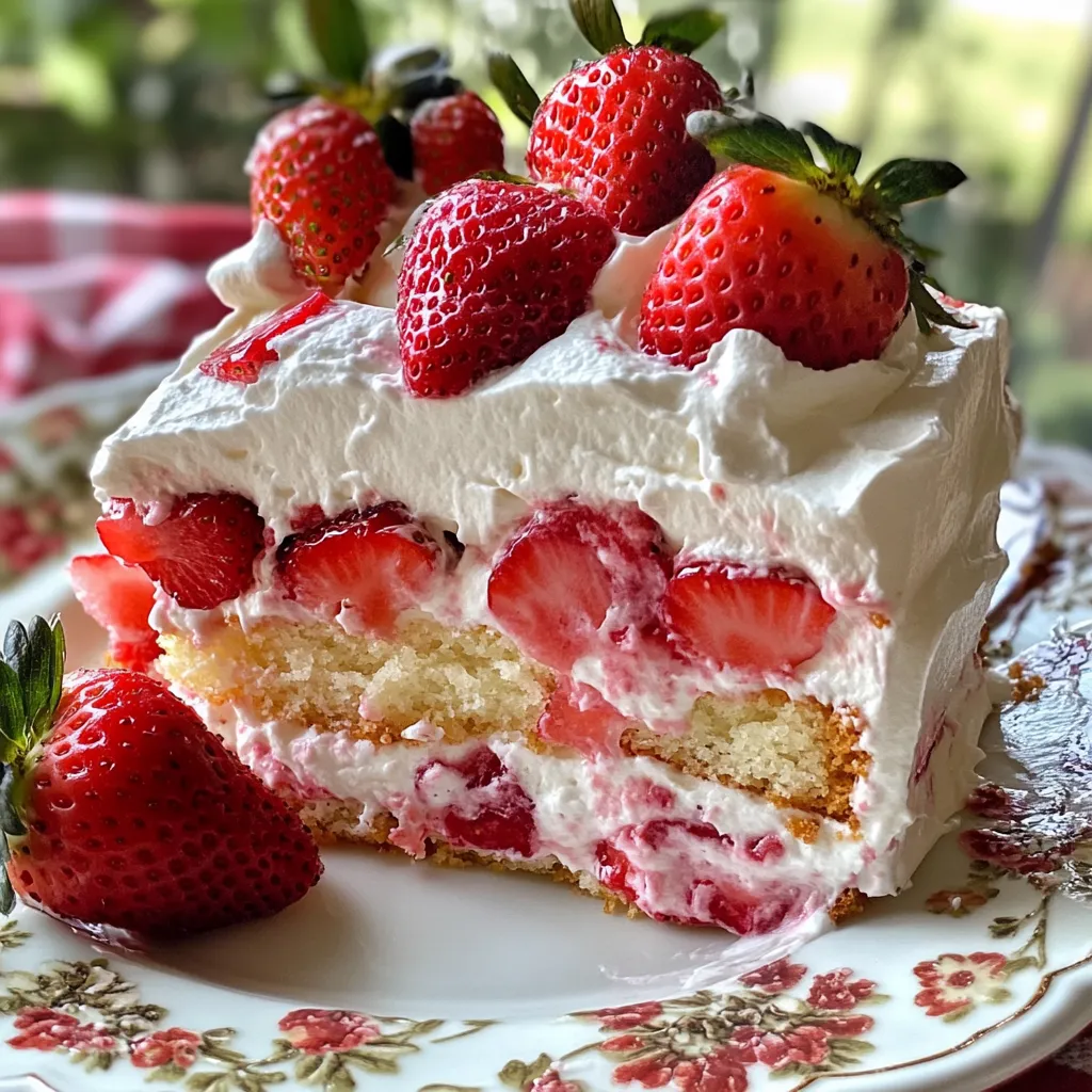 To make the Strawberry Earthquake Cake, you will need a few key items. Here is a simple list of what you'll need: - 1 box strawberry cake mix - 1/2 cup vegetable oil - 3 large eggs - 1 cup water - 1 cup fresh strawberries, chopped - 1 cup cream cheese, softened - 2 cups powdered sugar - 1 teaspoon vanilla extract - 1/2 cup unsweetened cocoa powder - 1/4 cup milk - 2 cups whipped cream (for topping) - Fresh strawberries for garnishing Each ingredient plays a big role in flavor and texture. The strawberry cake mix gives the cake its sweet base and lovely pink color. The eggs and oil add moisture and richness. Fresh strawberries add bursts of fruity goodness. Cream cheese mixed with sugar and cocoa gives a delicious swirl that makes this cake special. Whipped cream on top adds a light finish. You can find all these ingredients at your local grocery store. Choose fresh strawberries that are bright and firm for the best flavor. As you gather your items, get ready for a fun and tasty baking adventure! {{ingredient_image_1}} 1. Preheat your oven and prepare the baking pan. Start by setting your oven to 350°F (175°C). While it warms up, grease and flour a 9x13-inch baking pan. This helps the cake slide out easily once it's baked. 2. Mix the main batter and fold in strawberries. In a large mixing bowl, combine the strawberry cake mix, 1/2 cup of vegetable oil, 3 large eggs, and 1 cup of water. Mix these on medium speed for about 2-3 minutes. You want the batter to be smooth and well blended. Once mixed, gently fold in 1 cup of chopped fresh strawberries. This adds great flavor and texture to your cake. 3. Prepare the cream cheese mixture. In another bowl, beat 1 cup of softened cream cheese until it's smooth. Gradually add in 2 cups of powdered sugar, 1 teaspoon of vanilla extract, and 1/2 cup of unsweetened cocoa powder. Mix until everything is well combined. This cream cheese layer will add a rich taste to your cake. These steps set the foundation for a delicious Strawberry Earthquake Cake. Enjoy the process and the delightful smells that fill your kitchen! Ensuring the batter is smooth Start with the right tools. Use a good mixer to blend the cake mix. Mix at medium speed for about 2-3 minutes. This helps create a nice, smooth batter. If you see lumps, keep mixing. Make sure the batter is evenly blended before adding strawberries. Tips for swirling the cream cheese mixture After you make the cream cheese mix, use a spoon to add it to the batter. Place dollops of this mixture on the first layer of batter. Use a toothpick or knife to gently swirl it. Don’t swirl too much; you want to see the two layers. This creates a pretty pattern when baked. Achieving the ideal whipped cream consistency When you make the whipped cream, start with cold milk and cream. Use a whisk or mixer to beat them together. Stop when you see soft peaks. This means it’s fluffy but not too stiff. Spread it over the cooled cake for a light, airy topping. Pro Tips Use Fresh Strawberries: Fresh strawberries not only enhance the flavor but also add a beautiful texture to the cake. Opt for ripe, juicy strawberries for the best results. Swirling Technique: When swirling the cream cheese mixture, use a gentle hand to create beautiful marbled patterns without fully mixing it into the batter. Cool Completely: Allow the cake to cool completely before adding the whipped cream topping. This ensures the whipped cream stays fluffy and doesn't melt into the cake. Garnish Just Before Serving: Add fresh strawberries as a garnish right before serving to maintain their freshness and vibrant color. {{image_2}} You can easily change this recipe to suit your taste. Here are some fun ideas: - Substituting other fruits: Instead of strawberries, you can use blueberries, raspberries, or peaches. Each fruit adds a new flavor. Just chop them up like you do with strawberries. - Making a gluten-free version: To make this cake gluten-free, use a gluten-free cake mix. Many brands offer great options. Just follow the box instructions. The rest of the recipe stays the same. - Adding different flavor extracts: Try using almond or lemon extract instead of vanilla. A few drops can change the whole cake. It adds a new twist while keeping the cake light and tasty. Feel free to experiment with these ideas. Each variation brings something new to your Strawberry Earthquake Cake. To keep your Strawberry Earthquake Cake fresh, follow these tips: - Wrap the cake tightly: Use plastic wrap or aluminum foil. This helps keep moisture in. - Use an airtight container: You can place slices in a container. This keeps the cake from drying out. - Store in the fridge: The cake stays fresh for up to five days when refrigerated. If you want to enjoy the cake later, freezing is a great option: - Freeze whole or in slices: Wrap each slice or the whole cake in plastic wrap. Then place it in a freezer-safe bag. - Label it: Write the date on the bag. This helps you remember when you froze it. - Thaw before serving: When ready to eat, take the cake out and let it sit in the fridge overnight. This keeps it moist. This cake can last up to three months in the freezer. Enjoy your delicious creation whenever you want! Can I use frozen strawberries? Yes, you can use frozen strawberries. Just make sure to thaw and drain them first. This step keeps the cake from getting too wet. Frozen strawberries may not taste as fresh, but they work well in a pinch. How long does the cake last in the fridge? The cake lasts about 3 to 5 days in the fridge. To keep it fresh, cover it tightly with plastic wrap or foil. This helps keep the cake moist and tasty. Can I make this cake in advance? You can make this cake a day ahead. Just bake and cool it, then store it in the fridge. Add the whipped cream topping before serving for the best taste and look. This way, you can enjoy the cake without rushing! You learned how to make a delicious Strawberry Earthquake Cake. We covered the key ingredients you need, the easy steps to prepare it, and tips to perfect the cake. You also discovered fun variations to try and how to store your cake properly. Making this treat can bring joy and flavor to any occasion. Enjoy your baking and share this yummy cake with family and friends!