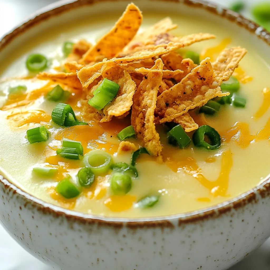 To make a tasty Jalapeno Popper Soup, gather these fresh ingredients: - 4 fresh jalapeños, diced (remove seeds for less heat) - 1 medium onion, chopped - 3 cloves garlic, minced - 1 cup corn kernels (fresh or frozen) These ingredients bring a bright and zesty flavor to the soup. The jalapeños add a nice kick, while the corn gives a sweet touch. Onion and garlic make a great base, adding depth to each spoonful. You will also need a few pantry staples to complete the soup: - 1 tablespoon olive oil - 4 cups chicken or vegetable broth - 1 cup cream cheese, softened - 1 cup sharp cheddar cheese, shredded - 1 teaspoon ground cumin - 1 teaspoon smoked paprika - Salt and pepper to taste This combination of items creates a creamy texture. The broth adds warmth, while the spices enhance the flavor profile. Cream cheese and cheddar make the soup rich and satisfying. Adding garnishes can really elevate your soup experience. Use these toppings: - ½ cup green onions, chopped - ¼ cup crispy tortilla strips Green onions add a fresh crunch, and tortilla strips provide a delightful texture. Together, they make every bite exciting and flavorful. Don’t skip the garnishes; they make your soup look and taste amazing! {{ingredient_image_1}} Start by heating the olive oil in a large pot over medium heat. Add the chopped onion and cook until it looks soft and clear, about 5 minutes. This brings out the onion's sweet flavor. Next, stir in the minced garlic and diced jalapeños. Sauté them for 2 more minutes. The aroma will fill your kitchen and make your mouth water. Now it's time to add the star of our dish: the cream cheese. Place the softened cream cheese into the pot and stir it in. Let it melt a bit, making the soup rich and creamy. Gradually pour in the chicken or vegetable broth. Keep stirring until the cream cheese blends in well and the mix is smooth. This step is key for a silky texture. Next, add the corn, ground cumin, smoked paprika, salt, and pepper. Stir everything together and bring the soup to a gentle simmer. Allow it to cook for 10 to 15 minutes. This lets all the flavors mix nicely. Right before you serve, stir in the shredded sharp cheddar cheese until it melts into the soup. Taste it and adjust the seasoning if needed. Ladle the soup into bowls and top each one with chopped green onions and crispy tortilla strips. These toppings add a nice crunch and fresh flavor. To change the heat in your Jalapeno Popper Soup, start with the jalapeños. Remove the seeds and veins for less spice. If you like heat, keep them in. You can also swap fresh jalapeños for milder peppers, like poblano or Anaheim. Another option is to add a pinch of cayenne pepper for extra kick if needed. For that rich, creamy goodness, use softened cream cheese. This helps it blend smoothly. Stir it in when the pot is warm. Gradually add the broth while mixing. This avoids clumps. Let the soup simmer gently after adding the cheese. This allows all flavors to meld, creating a wonderful creamy texture. When it comes to cheese, pick sharp cheddar for a bold flavor. It melts well and adds creaminess. You can mix in some cream cheese for extra richness. If you want to try something new, use pepper jack cheese for a spicy twist. Always grate your cheese fresh for the best melt and taste. Pro Tips Adjust the Heat: If you prefer a milder soup, be sure to remove all the seeds and membranes from the jalapeños, as these contain most of the heat. Use Fresh Ingredients: Fresh corn and jalapeños will elevate the flavor profile of the soup, making it taste more vibrant and delicious. Make it Ahead: This soup can be made ahead of time and stored in the refrigerator for up to 3 days. Reheat gently before serving. Customize Your Toppings: Feel free to get creative with your toppings! Avocado, sour cream, or fresh cilantro can add extra layers of flavor and texture. {{image_2}} You can easily make this soup vegetarian. Start by using vegetable broth instead of chicken broth. For a creamy base, keep the cream cheese. You can also add extra veggies. Consider using bell peppers, zucchini, or even spinach. These will add more flavor and nutrition. If you want to add protein, chicken or bacon are great choices. For chicken, use cooked, shredded pieces. Stir them in just before serving. If you prefer bacon, cook it until crispy, then crumble it on top. Both options boost flavor and make the soup heartier. Feel free to play with other ingredients. You can add black beans for extra protein and fiber. If you like it spicy, add more diced jalapeños or even some hot sauce. For a smoky flavor, consider adding chipotle peppers. Corn adds sweetness and texture, so don't skip it! Each addition makes the soup unique and delicious. You will want to store leftover soup in an airtight container. Let the soup cool first. Then, seal it tightly. This keeps moisture and flavor inside. You can keep it in the fridge for up to three days. For best taste, eat it sooner. When you reheat Jalapeno Popper Soup, do it slowly. Heat it on the stove over medium heat. Stir often to avoid sticking. If the soup seems thick, add a splash of broth or water. This keeps it creamy and smooth. You can also use a microwave. Heat in short bursts and stir in between. This helps keep the flavor intact. If you want to freeze the soup, use freezer-safe containers. Make sure to leave some space at the top. The soup will expand as it freezes. It can last for up to three months in the freezer. When ready to eat, thaw it overnight in the fridge. Then, reheat it on the stove for the best taste. Yes, you can make Jalapeno Popper Soup ahead of time. This soup tastes even better the next day. To do this, cook the soup, let it cool, and store it in the fridge. It will last for about 3 to 4 days. When you are ready to eat, heat it on the stove. Stir occasionally until hot. If the soup thickens, add a bit of broth or water. You can serve Jalapeno Popper Soup with a few tasty sides. A simple green salad pairs well. You can also enjoy it with crusty bread or tortilla chips. For a fun twist, try grilled cheese sandwiches. They add a nice crunch and complement the soup's creaminess. To make this soup spicier, add more jalapeños. You can keep the seeds for extra heat. Another option is to add a dash of hot sauce. If you like smoky flavors, try adding chipotle powder. Remember, start with a little and taste as you go. You can always add more spice, but it’s hard to take it away! In this article, we explored the tasty world of Jalapeno Popper Soup. We looked at the fresh ingredients, pantry staples, and garnishes to boost flavor. You learned step-by-step how to make the soup, from the base to the finishing touches. I shared tips to adjust the spice, ensure creaminess, and choose cheese. Keep in mind the variations you can try and how to best store the soup. Whether you’re making it ahead or pairing it with sides, this dish is sure to please. Enjoy creating your perfect Jalapeno Popper Soup!