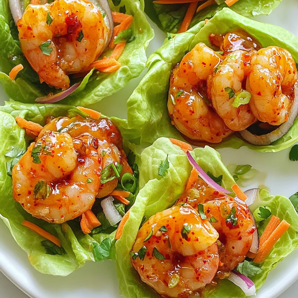 To make Spicy Sriracha Shrimp Lettuce Wraps, you need: - 1 lb shrimp, peeled and deveined - 1 tablespoon olive oil - 2 tablespoons Sriracha sauce (adjust for spice level) - 1 tablespoon honey - 2 cloves garlic, minced - 1 teaspoon grated ginger - 1 tablespoon soy sauce - 1 tablespoon rice vinegar - 1 cup shredded carrots - 1 red bell pepper, thinly sliced - 2 green onions, sliced - Fresh cilantro, for garnish - 1 head of butter or iceberg lettuce, leaves separated Each ingredient adds to the flavor and texture. The shrimp gives a nice protein base. Sriracha brings heat, while honey offers a touch of sweetness. You can customize these wraps easily. Try adding sliced cucumbers or diced avocado for extra crunch. Swap shrimp for cooked chicken or tofu for a different taste. If you want less heat, reduce the Sriracha. You can also use lime juice instead of rice vinegar for a tangy twist. Each serving of these wraps has about 250 calories. You get protein from the shrimp, fiber from the veggies, and healthy fats from the olive oil. This meal is low in carbs and packed with vitamins from the fresh ingredients. Enjoy a dish that is not only tasty but also good for you! {{ingredient_image_1}} To start, grab a large bowl. Place the peeled and deveined shrimp inside. Add one tablespoon of olive oil. Next, pour in two tablespoons of Sriracha sauce. If you like more heat, feel free to add more. Then, add one tablespoon of honey for sweetness. Toss in two minced garlic cloves and one teaspoon of grated ginger. Finally, stir in one tablespoon of soy sauce and one tablespoon of rice vinegar. Mix everything well to coat the shrimp. Let it marinate for about 15 to 20 minutes. This allows the shrimp to soak up all those bold flavors. Heat a large skillet over medium-high heat. Once it’s hot, add the marinated shrimp along with the marinade. Cook the shrimp for 3 to 4 minutes. Stir often until the shrimp turns pink and opaque. This means they are fully cooked. When done, remove the skillet from heat. Stir in one cup of shredded carrots and one thinly sliced red bell pepper. The heat will slightly soften the veggies, adding to the dish's freshness. Now it's time to build your wraps! Take a lettuce leaf from your head of butter or iceberg lettuce. Place a generous scoop of the spicy shrimp mixture in the center. Top it with sliced green onions and sprinkle fresh cilantro on top. Now, roll the lettuce leaf around the filling. Your spicy Sriracha shrimp lettuce wrap is ready to enjoy! To make these wraps just right, start with the Sriracha. I use two tablespoons for a good kick. If you want less heat, use one tablespoon. You can add more Sriracha later if needed. Remember, you can always add more spice, but can't take it away. Taste as you mix to find what you love. Cooking shrimp is quick and easy. Heat your skillet to medium-high before adding the shrimp. This helps get a nice sear. Cook them for just 3-4 minutes until they turn pink. Overcooking makes shrimp tough, so watch them closely. Stir often to cook evenly and keep them juicy. These wraps shine when served fresh. Use butter or iceberg lettuce for crispness. Top your wraps with sliced green onions and fresh cilantro for flavor. You can also add lime wedges for a zesty touch. These wraps make a great snack or light meal, perfect for any gathering. Pro Tips Perfectly Cooked Shrimp: Be careful not to overcook the shrimp. They should turn pink and opaque, which usually takes about 3-4 minutes. Remove them from heat as soon as they're cooked to avoid a rubbery texture. Adjusting Spice Level: If you're sensitive to spice, start with less Sriracha and taste as you go. You can always add more, but it’s hard to take it out once it’s in! Fresh Herbs Matter: For the best flavor, use fresh cilantro instead of dried. Fresh herbs elevate the dish and add a burst of flavor to each bite. Creative Wrapping: Experiment with different types of lettuce such as romaine or even collard greens for a unique wrap experience. Each type adds a different texture and flavor! {{image_2}} If shrimp isn't your thing, you can try other proteins. Chicken works great in this dish. Just cut it into small pieces and follow the same marinade steps. You can also use firm tofu for a tasty twist. Tofu absorbs flavors well and adds a nice texture. Just ensure you press it to remove excess water before cooking. For a vegetarian or vegan option, swap shrimp with chickpeas or lentils. Both options give a hearty bite while being plant-based. Use the same marinade to keep the flavor strong. You can also add more veggies, such as mushrooms or zucchini, to make it more filling. Experimenting with sauces can change the flavor profile. If you want something sweeter, try hoisin sauce instead of Sriracha. For a tangy kick, mix in some lime juice with soy sauce. You can also use a peanut sauce for a creamy texture that pairs well with the wraps. Each sauce gives a unique twist to your meal! To store leftover spicy Sriracha shrimp, first let it cool. Place the shrimp mixture in an airtight container. You can keep it in the fridge for up to three days. The shrimp stays juicy, and the flavors meld well. To keep the lettuce fresh, store it separately. Wrap the lettuce leaves in a damp paper towel. Then place them in a bag. This keeps them crisp and ready for your next meal. If you want to freeze the spicy Sriracha shrimp, you can do so! Allow the shrimp to cool completely. Transfer it to a freezer-safe bag. Remove as much air as possible. You can freeze it for up to three months. However, I recommend freezing only the shrimp mixture. The lettuce does not freeze well. It becomes limp and soggy after thawing. To reheat the shrimp, use a skillet for the best results. Place the shrimp in the skillet over medium heat. Stir gently until warmed through, about 5 minutes. You can also microwave the shrimp if you are in a hurry. Heat in short bursts of 30 seconds. Stir in between bursts to avoid overcooking. Always check the shrimp to ensure it is hot all the way through before serving. Yes, you can use frozen shrimp. Just make sure to thaw them first. Place them in cold water for about 15-20 minutes. Pat them dry before marinating. This helps the shrimp absorb the flavors well. Frozen shrimp are often just as tasty as fresh shrimp. You can add many vegetables to spice it up. Try cucumbers for crunch or bell peppers for sweetness. Shredded cabbage adds a nice bite too. You can even include diced avocado for creaminess. Feel free to mix and match as you like. To make this dish gluten-free, use tamari instead of soy sauce. Tamari is a great gluten-free option. Check labels on Sriracha and rice vinegar too. Some brands may contain gluten, so read carefully. With these swaps, you can enjoy these wraps worry-free. This blog post covered shrimp lettuce wraps, from ingredients to storage tips. I shared a detailed ingredient list, options for add-ins, and nutritional info. You learned how to make a tasty marinade, cook shrimp perfectly, and assemble your wraps. I also offered tips for spice levels and serving suggestions. Variations include different proteins and sauces. Lastly, I explained how to store leftovers and answered common questions. Enjoy making these wraps and feel free to adapt them to your taste!