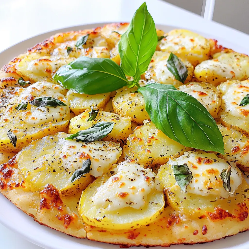 To make Crispy Smashed Potato Pizza, you need: - 1 lb small baby potatoes - 2 tablespoons olive oil - Salt and pepper to taste - 1 teaspoon garlic powder - 1 teaspoon dried Italian herbs - 1 cup shredded mozzarella cheese - 1/2 cup pizza sauce - 1/4 cup grated Parmesan cheese - Fresh basil leaves for garnish I like using these brands for this recipe: - For potatoes, try Yukon Gold or red skin baby potatoes. They stay firm and taste great. - Use extra virgin olive oil for the best flavor. - For cheese, I recommend part-skim mozzarella and fresh Parmesan from brands like BelGioioso or Kraft. You can mix things up with these swaps: - Swap baby potatoes for fingerling potatoes. They work well too. - If you want less fat, use cooking spray instead of olive oil. - Use garlic salt instead of garlic powder for extra flavor. - If you don’t have Italian herbs, try a mix of oregano and thyme. - For a vegan option, replace mozzarella with vegan cheese. Start by preheating your oven to 425°F (220°C). This high heat helps the potatoes get nice and crispy. Line a baking sheet with parchment paper. This makes cleanup easy and helps the potatoes not stick. While the oven heats up, gather all your ingredients. You’ll need baby potatoes, olive oil, salt, pepper, garlic powder, Italian herbs, mozzarella cheese, pizza sauce, Parmesan cheese, and fresh basil. Next, boil your potatoes. In a big pot, add salted water and bring it to a boil. Once boiling, add your baby potatoes. Cook them for about 15 to 20 minutes. You want them fork-tender but not mushy. After boiling, drain the water and let the potatoes cool for a few minutes. Now, it's time to smash them. Use a fork or potato masher to gently press down on each potato. Flatten them, but keep them intact. Now, let’s make those potatoes flavorful! In a bowl, mix olive oil, salt, pepper, garlic powder, and Italian herbs. Brush this mixture on each smashed potato. This step is key for great taste. Place the seasoned potatoes on your prepared baking sheet. Bake them for 20 to 25 minutes. You want them golden brown and crispy around the edges. After the first bake, take them out and spread a tablespoon of pizza sauce on each potato. Sprinkle mozzarella cheese on top and add some grated Parmesan. This combo makes every bite delicious! Return the baking sheet to the oven for another 10 minutes. Bake until the cheese is bubbling and slightly golden. Once done, let them cool for a couple of minutes, then garnish with fresh basil. Enjoy your crispy smashed potato pizza! To get that crispy edge, start with the right potatoes. I like using small baby potatoes. They cook evenly and smash well for this dish. Boil them until they are fork-tender, about 15-20 minutes. After boiling, let them cool a bit before smashing. This step helps them hold together. When smashing, don’t go too hard. You want them flat but still intact. A gentle press with a fork works best. Brush them with olive oil and seasonings. This step adds flavor and helps them crisp up in the oven. Bake at 425°F for 20-25 minutes until golden brown. You can mix things up with the seasonings. Try adding smoked paprika or chili flakes for a kick. Fresh herbs like rosemary or thyme can also add great taste. For cheese, mozzarella is classic, but feel free to experiment. Cheddar or gouda can add a nice twist. A sprinkle of feta or goat cheese gives a tangy flavor. You can also mix different cheeses for a unique taste. Crispy smashed potato pizza pairs well with fresh salads. A simple arugula salad with lemon dressing is perfect. You can also serve it with marinara sauce for dipping. If you want a heartier meal, serve it with grilled chicken or sausages. For a vegetarian option, roasted veggies work great. This pizza is versatile, so you can mix and match sides to fit your meal! {{image_2}} You can make your crispy smashed potato pizza even more fun with different toppings. Try adding: - Cooked bacon bits for a smoky flavor. - Sliced jalapeños for a spicy kick. - Diced bell peppers for color and crunch. - Fresh spinach for a healthy twist. - Feta cheese for a tangy taste. Mix and match these toppings to find your favorite. Each choice adds a new layer of flavor. You don’t need an oven to enjoy this dish. An air fryer cooks the potatoes quickly and makes them crispy. Set your air fryer to 400°F (200°C). Cook the smashed potatoes for about 15 minutes, flipping halfway through. You can also grill them. Just preheat your grill to medium heat. Place the smashed potatoes on a grill-safe tray and cook for 10-15 minutes. This method adds a nice charred flavor. You can easily adapt this recipe for different diets. To make it gluten-free, ensure your pizza sauce is gluten-free. Most brands offer this option. For a vegan pizza, swap the mozzarella and Parmesan for plant-based cheese. You can use vegan butter or olive oil for the seasoning. These changes keep the dish tasty and enjoyable for everyone. To keep your crispy smashed potato pizza fresh, store it in an airtight container. Make sure it cools down first. Place a paper towel inside the container. This will absorb any moisture and keep the pizza crispy. You can store it in the fridge for up to three days. If you have extra toppings, keep them separate. To reheat your pizza, use the oven for the best results. Preheat your oven to 350°F (175°C). Place the pizza on a baking sheet. Heat it for about 10-15 minutes. This will make the cheese melt and the potatoes warm up. You can also use an air fryer set to 350°F (175°C) for about 5-7 minutes. This method will help keep the crust crispy. If you want to freeze your pizza, first let it cool completely. Wrap each piece in plastic wrap and then in aluminum foil. This will prevent freezer burn. You can freeze it for up to two months. When ready to eat, thaw it in the fridge overnight. Reheat it in the oven or air fryer as mentioned earlier. This will help retain its tasty texture. Yes, you can! Make the smashed potatoes and season them. Then, bake them until crispy. After that, let them cool. Store them in the fridge for up to two days. When ready to serve, add the sauce and cheese. Bake again until warm and bubbly. Small baby potatoes are the best choice. They cook evenly and smash easily. You can also use Yukon Gold or red potatoes. Both have great flavor and texture. Just make sure they are small so they cook well. To keep potatoes crispy, don’t over-boil them. Cook until fork-tender, about 15-20 minutes. After boiling, let them cool and dry. Season the potatoes just before baking. This helps create a crunchy crust. Make sure to use enough oil when baking for that perfect crisp. This blog post covered all you need for crispy smashed potato pizza. We discussed key ingredients, recommended brands, and how to substitute them. You learned step-by-step instructions from prep to baking, plus tips for crispiness and flavor. Consider fun variations and storage ideas to make it your own. Remember, you can adjust this dish to fit any diet. Enjoy this tasty meal anytime, and share your results with others. Happy cooking!