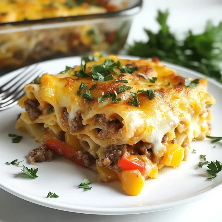 Here are the ingredients for the Philly Cheesesteak Casserole: - 1 lb ground beef or thinly sliced steak - 1 medium onion, sliced - 1 bell pepper (red, green, or yellow), sliced - 2 cups cooked pasta (elbow or penne) - 2 cups shredded provolone cheese - 1 cup cream cheese, softened - 1 cup beef broth - 1 tablespoon Worcestershire sauce - 1 teaspoon garlic powder - 1 teaspoon black pepper - Salt to taste - Fresh parsley for garnish (optional) You can mix up this recipe to fit your taste: - Swap ground beef for turkey or chicken. - Use different cheeses like mozzarella or cheddar. - Add mushrooms or zucchini for more veggies. - Try different pasta shapes, like penne or fusilli. - Use vegetable broth for a lighter option. Each serving of this casserole offers a good balance: - Calories: about 450 - Protein: 30g - Carbohydrates: 30g - Fat: 25g - Fiber: 2g - Sodium: 800mg This dish combines rich flavors and essential nutrients. It’s comfort food that satisfies! {{ingredient_image_1}} Start by slicing one medium onion and one bell pepper. You can use any color bell pepper you like. Heat a large skillet over medium heat. Add the sliced onion and bell pepper to the skillet. Cook them for about 5 to 7 minutes until they are soft. Then, remove them from the skillet and set them aside. This step gives your casserole a great flavor base. In the same skillet, add one pound of ground beef or thinly sliced steak. Cook it until it turns brown. While it cooks, season it with one teaspoon of garlic powder, black pepper, and salt. If there’s extra fat, drain it away. Next, stir in one tablespoon of Worcestershire sauce, two cups of cooked pasta, and one cup of beef broth. Mix all these ingredients well. This mixture is the heart of your casserole. In a separate bowl, take one cup of softened cream cheese. Mix it with one cup of shredded provolone cheese until it’s creamy. Add this cheese blend to the meat and pasta mixture. Stir until it's evenly mixed. Now, pour everything into a greased 9x13 inch baking dish. Sprinkle the remaining provolone cheese on top. Bake in your preheated oven at 350°F (175°C) for about 20 to 25 minutes. The cheese should be melted and bubbly. Let it sit for about 5 minutes before you serve. If you want, garnish with fresh parsley for a nice touch. Enjoy your hearty Philly cheesesteak casserole! To store your leftovers, let the casserole cool first. Place it in an airtight container. You can keep it in the fridge for up to three days. If you want to store it longer, freeze it. Wrap it tightly in plastic wrap and foil. This keeps it fresh for about three months. You can make this casserole ahead. Prepare it fully but do not bake it. Cover it and store it in the fridge overnight. When you are ready, just bake it as directed. This makes meal prep easy and fast. For the best cheese melt, use fresh provolone cheese. Shred it yourself for better results. Layer the cheese on top just before baking. You can also cover the dish with foil for the first half of baking. This traps steam and helps the cheese melt perfectly. Remove the foil for the last few minutes for a nice golden top. Pro Tips Choose the Right Meat: For a more authentic cheesesteak flavor, consider using ribeye steak instead of ground beef. It adds a rich, savory taste and tender texture. Cook Pasta Al Dente: Make sure to cook your pasta al dente. It will absorb some liquid during baking and prevent the casserole from becoming too mushy. Experiment with Cheese: While provolone is traditional, feel free to mix in other cheeses like mozzarella or cheddar for a unique twist on flavor and texture. Let It Rest: After baking, let the casserole sit for a few minutes before serving. This helps the layers set and makes it easier to serve. {{image_2}} You can easily make a vegetarian version of this dish. Instead of beef, use mushrooms or a meat substitute. Portobello mushrooms give a rich taste. Add lots of veggies like zucchini and spinach. You can keep the cheese and pasta the same for a creamy, tasty meal. Want some heat? Add sliced jalapeños to the mix. Chop them up and cook them with the onions and peppers. This will give your casserole a nice kick. You can also add hot sauce to the meat mixture for more spice. Adjust the amount based on your taste. Cheese can change the flavor of your casserole. Provolone is a classic choice, but you can try others too. Cheddar adds sharpness, while mozzarella gives a gooey texture. You might even mix different cheeses for a unique flavor. Use what you like best or have on hand! After you cook the Philly Cheesesteak Casserole, let it cool first. Cover it tightly with plastic wrap or foil. This keeps the dish fresh. Store it in the fridge for up to three days. When you want to eat it again, just take it out and reheat. You can freeze the casserole if you want to save it for later. First, let it cool completely. Then, place it in an airtight container or a freezer bag. It can stay in the freezer for up to three months. To use it later, just thaw it overnight in the fridge before reheating. Reheating is easy. You can use the oven or the microwave. If using the oven, preheat it to 350°F (175°C). Place the casserole in a dish and cover it with foil. Heat for about 20-25 minutes. If using the microwave, heat individual servings for about 2-3 minutes. Make sure it's hot all the way through before serving. Yes, you can use different meats. Ground turkey or chicken works well. Thinly sliced roast beef is another great option. Each meat adds its own unique flavor. Just make sure to cook it fully before mixing with other ingredients. To make the casserole in a slow cooker, start by cooking the onions and peppers. Then, brown your meat as usual. Mix in the Worcestershire sauce, beef broth, and cooked pasta. Transfer everything to your slow cooker. Top with cream cheese and provolone. Cook on low for about 4-5 hours, or until bubbly. You can serve many sides with this dish. A simple green salad pairs well. Roasted vegetables add color and flavor. Garlic bread is a favorite for soaking up the cheesy goodness. You can even enjoy it with potato chips for some crunch! This blog post covered a delicious Philly Cheesesteak Casserole. We explored the key ingredients and their nutritional values. You learned step-by-step instructions for preparing each element, from veggies to cheese. I shared tips for storing leftovers and making the dish in advance. We even looked at tasty variations and answered common questions. In summary, this recipe offers flexibility and flavor. You can easily customize it to suit your taste. Enjoy your cooking and happy eating!