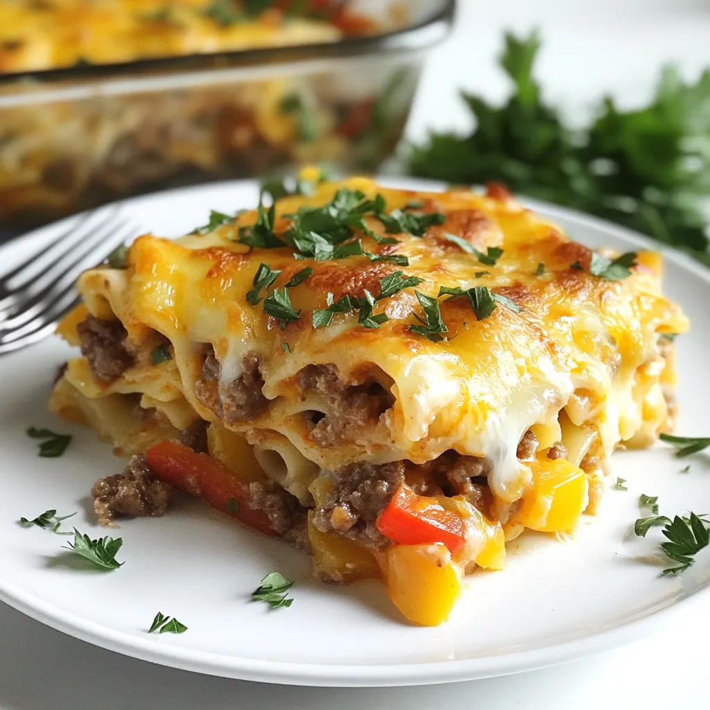 Here are the ingredients for the Philly Cheesesteak Casserole: - 1 lb ground beef or thinly sliced steak - 1 medium onion, sliced - 1 bell pepper (red, green, or yellow), sliced - 2 cups cooked pasta (elbow or penne) - 2 cups shredded provolone cheese - 1 cup cream cheese, softened - 1 cup beef broth - 1 tablespoon Worcestershire sauce - 1 teaspoon garlic powder - 1 teaspoon black pepper - Salt to taste - Fresh parsley for garnish (optional) You can mix up this recipe to fit your taste: - Swap ground beef for turkey or chicken. - Use different cheeses like mozzarella or cheddar. - Add mushrooms or zucchini for more veggies. - Try different pasta shapes, like penne or fusilli. - Use vegetable broth for a lighter option. Each serving of this casserole offers a good balance: - Calories: about 450 - Protein: 30g - Carbohydrates: 30g - Fat: 25g - Fiber: 2g - Sodium: 800mg This dish combines rich flavors and essential nutrients. It’s comfort food that satisfies! {{ingredient_image_1}} Start by slicing one medium onion and one bell pepper. You can use any color bell pepper you like. Heat a large skillet over medium heat. Add the sliced onion and bell pepper to the skillet. Cook them for about 5 to 7 minutes until they are soft. Then, remove them from the skillet and set them aside. This step gives your casserole a great flavor base. In the same skillet, add one pound of ground beef or thinly sliced steak. Cook it until it turns brown. While it cooks, season it with one teaspoon of garlic powder, black pepper, and salt. If there’s extra fat, drain it away. Next, stir in one tablespoon of Worcestershire sauce, two cups of cooked pasta, and one cup of beef broth. Mix all these ingredients well. This mixture is the heart of your casserole. In a separate bowl, take one cup of softened cream cheese. Mix it with one cup of shredded provolone cheese until it’s creamy. Add this cheese blend to the meat and pasta mixture. Stir until it's evenly mixed. Now, pour everything into a greased 9x13 inch baking dish. Sprinkle the remaining provolone cheese on top. Bake in your preheated oven at 350°F (175°C) for about 20 to 25 minutes. The cheese should be melted and bubbly. Let it sit for about 5 minutes before you serve. If you want, garnish with fresh parsley for a nice touch. Enjoy your hearty Philly cheesesteak casserole! To store your leftovers, let the casserole cool first. Place it in an airtight container. You can keep it in the fridge for up to three days. If you want to store it longer, freeze it. Wrap it tightly in plastic wrap and foil. This keeps it fresh for about three months. You can make this casserole ahead. Prepare it fully but do not bake it. Cover it and store it in the fridge overnight. When you are ready, just bake it as directed. This makes meal prep easy and fast. For the best cheese melt, use fresh provolone cheese. Shred it yourself for better results. Layer the cheese on top just before baking. You can also cover the dish with foil for the first half of baking. This traps steam and helps the cheese melt perfectly. Remove the foil for the last few minutes for a nice golden top. Pro Tips Choose the Right Meat: For a more authentic cheesesteak flavor, consider using ribeye steak instead of ground beef. It adds a rich, savory taste and tender texture. Cook Pasta Al Dente: Make sure to cook your pasta al dente. It will absorb some liquid during baking and prevent the casserole from becoming too mushy. Experiment with Cheese: While provolone is traditional, feel free to mix in other cheeses like mozzarella or cheddar for a unique twist on flavor and texture. Let It Rest: After baking, let the casserole sit for a few minutes before serving. This helps the layers set and makes it easier to serve. {{image_2}} You can easily make a vegetarian version of this dish. Instead of beef, use mushrooms or a meat substitute. Portobello mushrooms give a rich taste. Add lots of veggies like zucchini and spinach. You can keep the cheese and pasta the same for a creamy, tasty meal. Want some heat? Add sliced jalapeños to the mix. Chop them up and cook them with the onions and peppers. This will give your casserole a nice kick. You can also add hot sauce to the meat mixture for more spice. Adjust the amount based on your taste. Cheese can change the flavor of your casserole. Provolone is a classic choice, but you can try others too. Cheddar adds sharpness, while mozzarella gives a gooey texture. You might even mix different cheeses for a unique flavor. Use what you like best or have on hand! After you cook the Philly Cheesesteak Casserole, let it cool first. Cover it tightly with plastic wrap or foil. This keeps the dish fresh. Store it in the fridge for up to three days. When you want to eat it again, just take it out and reheat. You can freeze the casserole if you want to save it for later. First, let it cool completely. Then, place it in an airtight container or a freezer bag. It can stay in the freezer for up to three months. To use it later, just thaw it overnight in the fridge before reheating. Reheating is easy. You can use the oven or the microwave. If using the oven, preheat it to 350°F (175°C). Place the casserole in a dish and cover it with foil. Heat for about 20-25 minutes. If using the microwave, heat individual servings for about 2-3 minutes. Make sure it's hot all the way through before serving. Yes, you can use different meats. Ground turkey or chicken works well. Thinly sliced roast beef is another great option. Each meat adds its own unique flavor. Just make sure to cook it fully before mixing with other ingredients. To make the casserole in a slow cooker, start by cooking the onions and peppers. Then, brown your meat as usual. Mix in the Worcestershire sauce, beef broth, and cooked pasta. Transfer everything to your slow cooker. Top with cream cheese and provolone. Cook on low for about 4-5 hours, or until bubbly. You can serve many sides with this dish. A simple green salad pairs well. Roasted vegetables add color and flavor. Garlic bread is a favorite for soaking up the cheesy goodness. You can even enjoy it with potato chips for some crunch! This blog post covered a delicious Philly Cheesesteak Casserole. We explored the key ingredients and their nutritional values. You learned step-by-step instructions for preparing each element, from veggies to cheese. I shared tips for storing leftovers and making the dish in advance. We even looked at tasty variations and answered common questions. In summary, this recipe offers flexibility and flavor. You can easily customize it to suit your taste. Enjoy your cooking and happy eating!