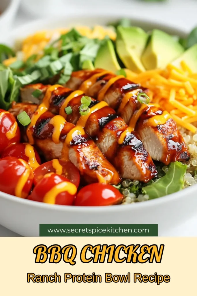 Elevate your meal prep with this high protein BBQ chicken bowl, featuring tender grilled chicken and a tangy low-sugar BBQ sauce. This healthy chicken ranch bowl combines quinoa, fresh veggies, and creamy ranch dressing for a satisfying, low-calorie meal. Perfect for a quick lunch or dinner, try this quinoa BBQ chicken recipe today! Don't forget to save your favorite grilled chicken salad with ranch! #HealthyEating #MealPrep #BBQChicken #QuinoaRecipes