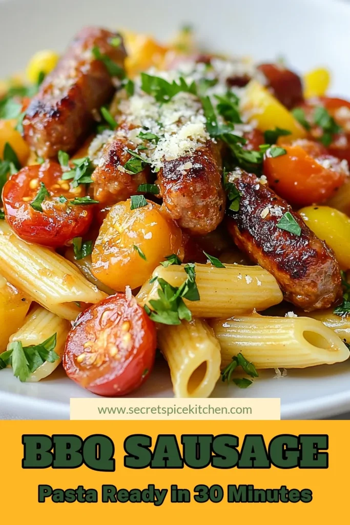 Looking for a delicious BBQ sausage pasta recipe? Try this sweet tangy pasta dish that's perfect for a quick pasta meal! Combining smoked sausage with pasta and vibrant veggies, this easy BBQ pasta is ready in just 30 minutes. Ideal for busy weeknights, it's sure to impress. Don't miss out—save this recipe for your next family dinner! #BBQSausagePasta #EasyPasta #QuickMeals #PastaRecipes
