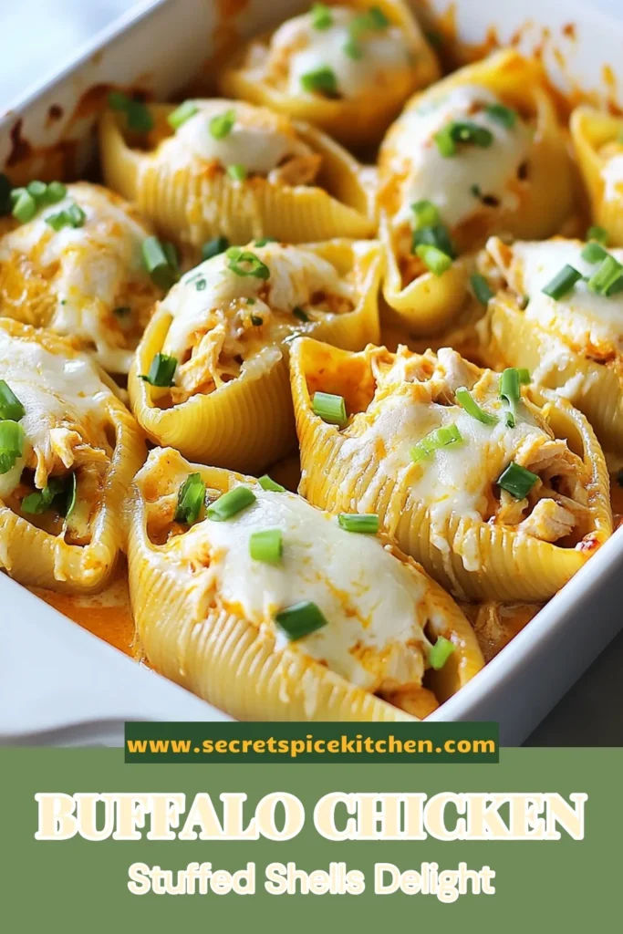 Indulge in the deliciousness of buffalo chicken stuffed shells with this creamy pasta shells recipe! This easy buffalo chicken recipe combines shredded chicken, cream cheese, and savory spices, making it a perfect addition to your comfort food recipes list. Enjoy these baked pasta dishes that are sure to impress family and friends. Ready to try it? Save this recipe now! #BuffaloChickenStuffedShells #ComfortFood #BakedPasta #EasyRecipes