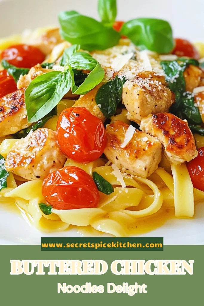 Indulge in this quick chicken dinner with our flavorful buttered chicken noodles! This creamy chicken pasta features egg noodles tossed with tender chicken, fresh spinach, and juicy cherry tomatoes for a delicious meal. Perfect for busy weeknights, this egg noodles recipe is a family favorite. Try it tonight for a satisfying and easy dish! Save this creamy buttered chicken noodles recipe for later! #ButteredNoodles #QuickDinner #CreamyPasta #ChickenRecipe