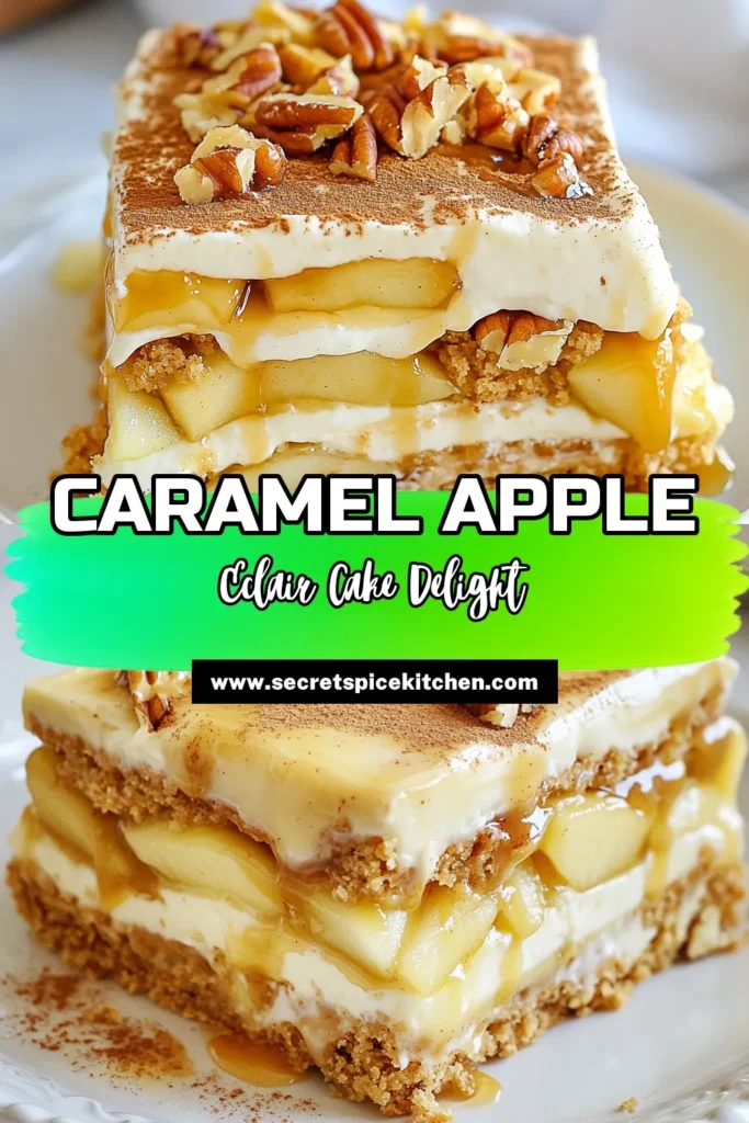 Craving a delicious dessert? Try this Caramel Apple Éclair Cake, an easy no-bake dessert that will impress everyone! Layers of graham cracker goodness combined with creamy vanilla pudding and fresh apples drizzled with caramel sauce create a delightful treat. This graham cracker cake recipe is perfect for any occasion and can be made in just 20 minutes. Save this caramel sauce dessert to your boards and enjoy a slice of heaven! #DessertRecipes #NoBake #EasyRecipes #CaramelAppleEclair