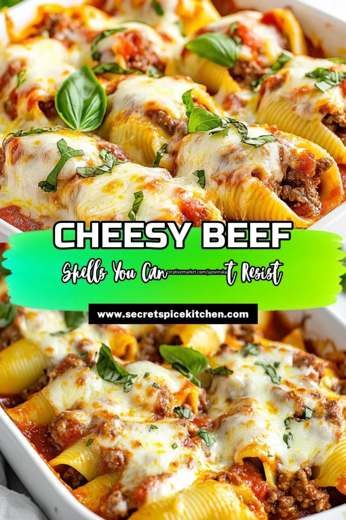 Indulge in these cheesy beef stuffed shells, a delightful addition to your dinner table! This easy beef shell recipe combines ground beef and creamy cheeses, creating a rich filling for each pasta shell. Layered with marinara sauce and melted mozzarella, these stuffed pasta shells with cheese are sure to impress. Perfect for family meals or gatherings, try this delicious beef pasta recipe today! Save it for later! #CheesyBeefStuffedShells #BeefPastaRecipes #EasyBeefShellRecipe #StuffedPastaShellsWithCheese