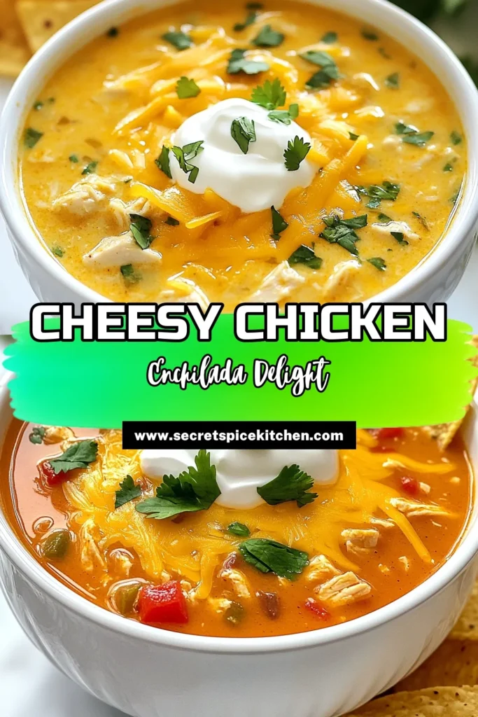 Warm up with this Cheesy Chicken Enchilada Soup, the ultimate comfort food soup perfect for any day! This easy chicken soup recipe comes together in just one pot, making meal prep a breeze. Packed with tender chicken, black beans, and cheesy goodness, it’s a delicious cheesy Tex-Mex soup everyone will love. Ready in 45 minutes, it's perfect for weeknight dinners. Save this recipe and enjoy a bowl of happiness! #ChickenEnchiladaSoup #ComfortFood #OnePotMeals #EasyRecipes