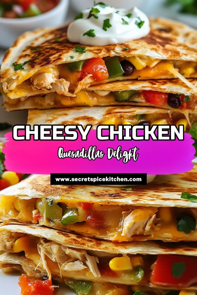 Indulge in these cheesy chicken quesadillas, a savory fiesta chicken recipe that's perfect for a quick meal. This easy quesadilla recipe features tender chicken and black beans, all wrapped in crispy tortillas and loaded with cheese. Ideal for a homemade quesadilla dinner, your family will love every bite! Save this recipe for your next meal and discover the joy of cooking! #CheesyQuesadillas #ChickenRecipes #DinnerIdeas #QuickMeals
