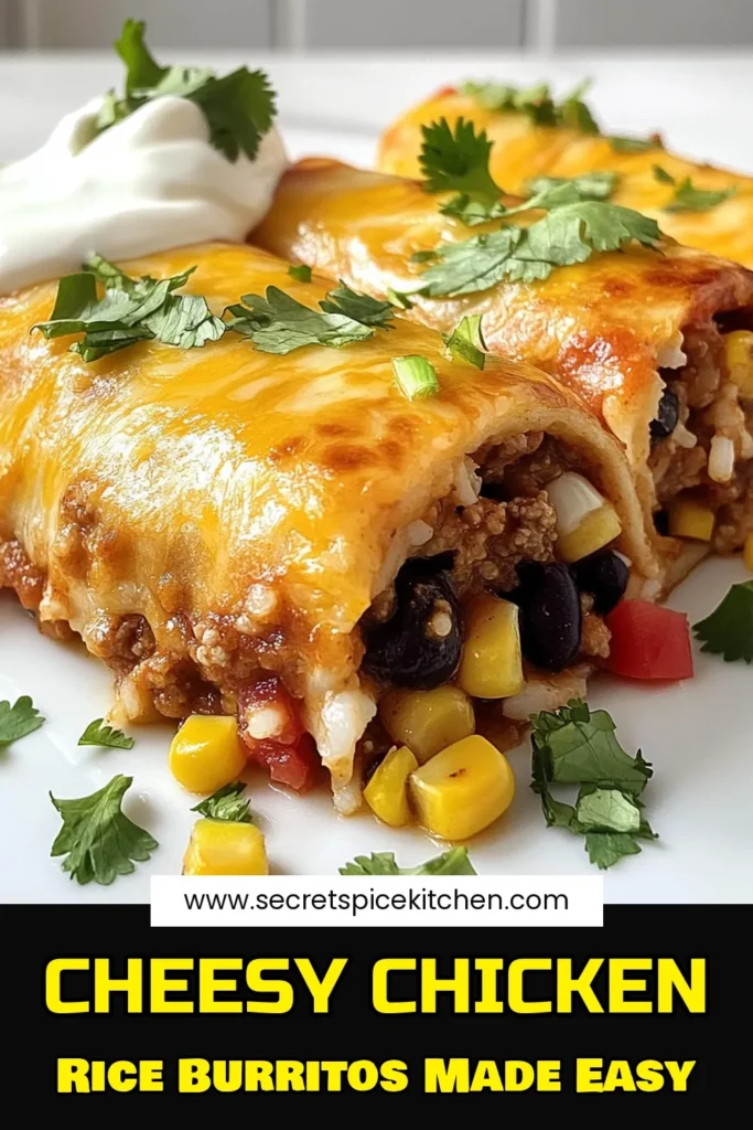 Discover the ultimate cheesy ground chicken burrito recipe that will elevate your weeknight dinners! These easy burritos are packed with ground chicken, rice, black beans, and ooey-gooey cheddar cheese, making them a hearty and delicious meal. Perfect for busy nights, this homemade chicken burrito recipe is customizable and family-friendly. Try making these cheesy rice burritos today and impress everyone at the table! Save for later! #CheesyChickenBurritos #GroundChickenBurritoRecipe #EasyBurritoRecipe #CheesyRiceBurritos
