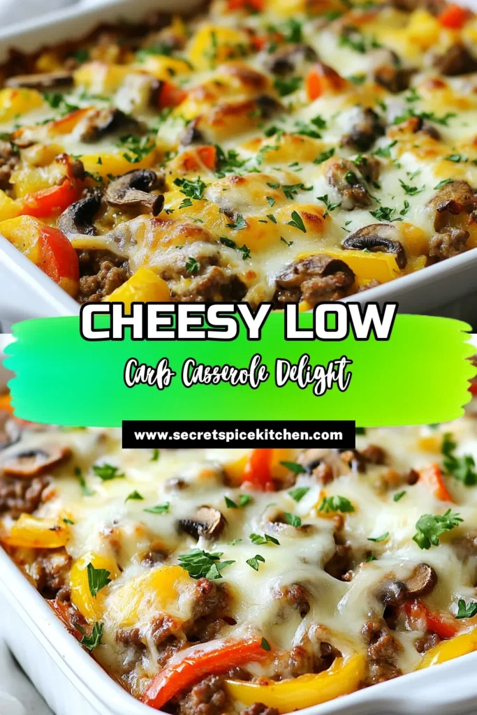 Savor the flavor of this Low Carb Philly Cheesesteak Casserole, a delicious ground beef casserole recipe that’s perfect for easy weeknight meals. Packed with sautéed veggies and creamy provolone cheese, this low carb dinner recipe is sure to please everyone at the table. Ready in under an hour, it's a must-try for easy casserole recipes! Save this recipe for your next meal. #LowCarbCheesesteakCasserole #GroundBeefCasserole #LowCarbDinner #CasseroleRecipes