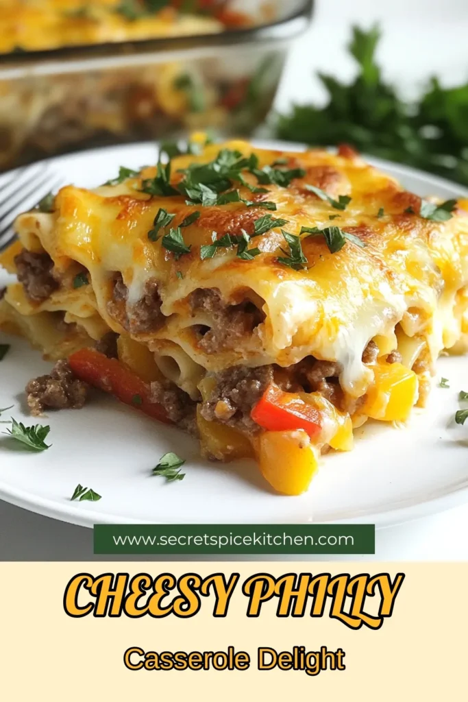 Indulge in this Philly Cheesesteak Casserole, the ultimate comfort food recipe that combines ground beef, creamy cheese, and pasta in one easy casserole recipe. This creamy cheese pasta bake is sure to become a family favorite! Whip it up in just 45 minutes for a hearty dinner. Perfect for busy weeknights. Don't forget to save this delicious recipe for later! #PhillyCheesesteakCasserole #ComfortFood #EasyCasseroleRecipe #GroundBeefCasserole