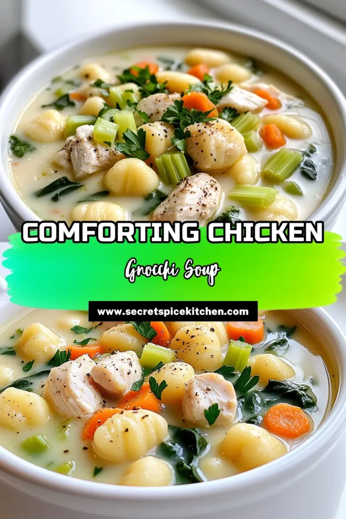 Warm up with this Cozy Chicken Gnocchi Delight that's perfect for chilly nights! This creamy, flavorful soup combines tender chicken, fresh spinach, and fluffy gnocchi, all simmered to perfection in just 30 minutes. It's easy to make and sure to become a family favorite. Discover the full recipe and savor every spoonful! Click to explore more comforting meals today! #ChickenGnocchi #ComfortFood #EasyRecipes #SoupIdeas
