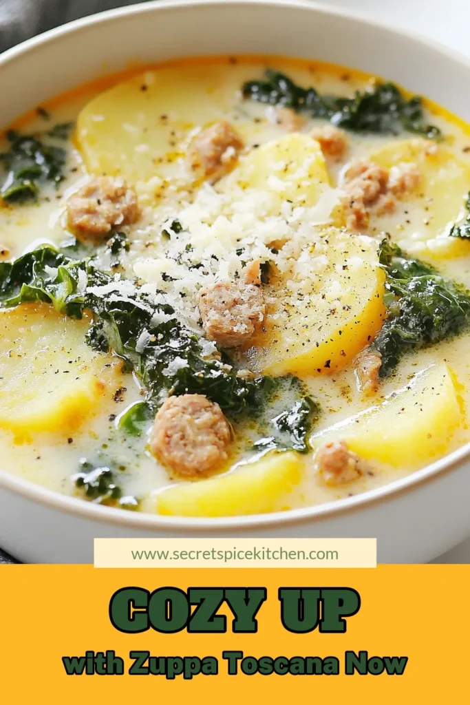 Warm up your dinner table with this delightful Zuppa Toscana recipe! This Italian sausage soup combines tender potatoes and nutrient-packed kale in a creamy base, making it the perfect comfort food soup for chilly evenings. Enjoy this kale potato soup that's not only hearty but also easy to make. Serve it with a sprinkle of parmesan for an extra touch. Save and try this creamy soup recipe today! #ZuppaToscana #ComfortFood #ItalianSausageSoup #SoupRecipes