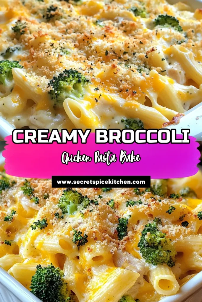 Discover the ultimate comfort food with this Broccoli Chicken Pasta Bake! This easy pasta bake with broccoli combines tender chicken, creamy cheese, and perfectly cooked pasta for a satisfying meal. Perfect for weeknight dinners, this cheesy chicken bake recipe is a crowd-pleaser. Try this creamy chicken and broccoli pasta today, and enjoy the flavors in each bite! Save this delicious baked chicken broccoli casserole for your next family gathering! #PastaBake #ChickenCasserole #EasyRecipes #ComfortFood