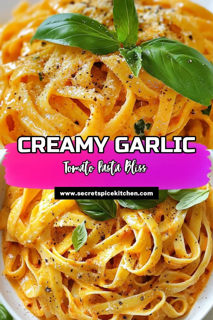 Indulge in this creamy garlic tomato pasta that's perfect for busy weeknights! This easy pasta recipe combines fettuccine with a delicious, creamy tomato sauce that's quick to make and vegetarian-friendly. Perfect for those seeking quick dinner ideas, this creamy tomato sauce recipe is sure to impress. Don't wait any longer—try this delightful dish and elevate your dinner game! Save this recipe for later! #CreamyGarlicTomatoPasta #EasyPastaRecipes #VegetarianPastaDishes #QuickDinnerIdeas