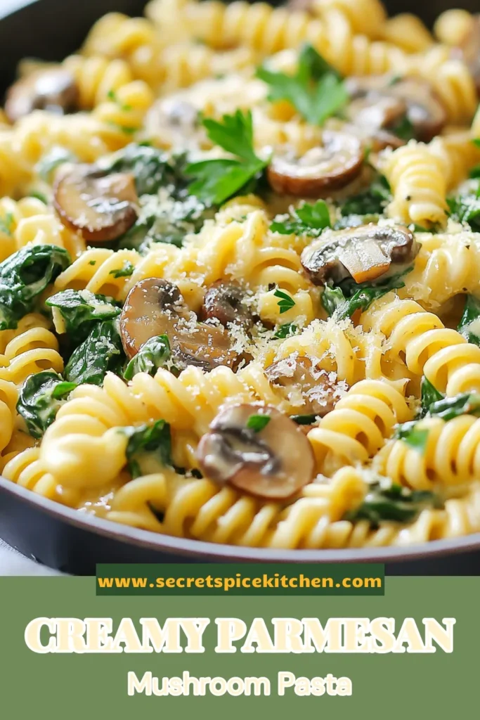 Indulge in this delicious Parmesan spinach mushroom pasta skillet, the perfect creamy mushroom pasta skillet for vegetarians! Made with fusilli pasta, fresh baby spinach, and rich Parmesan cheese, this easy skillet dinner recipe is a family favorite. Ready in just 30 minutes, it's a must-try among vegetarian pasta recipes. Save this recipe for a comforting weeknight meal that everyone will love! #vegetarianrecipes #pastarecipes #skilletdinner #easymeals