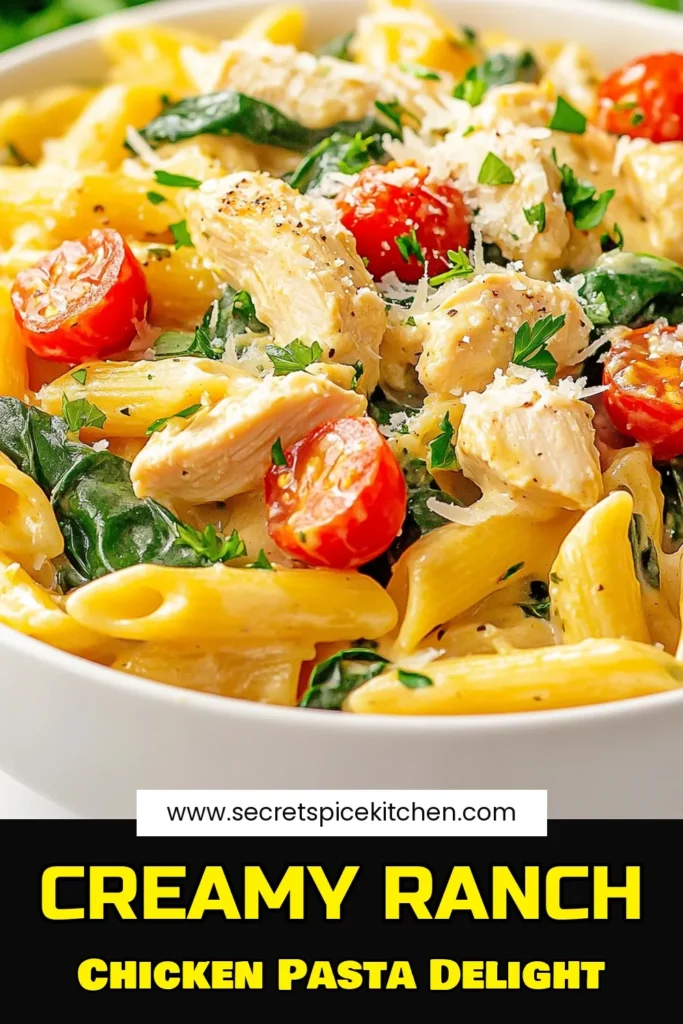 Indulge in this creamy chicken ranch pasta that's perfect for busy weeknights! This easy pasta recipe features tender chicken, fresh spinach, and rich flavors, all enhanced by ranch seasoning chicken. Made with hearty penne pasta, it's a must-try among penne pasta recipes. In just 25 minutes, savor a delightful chicken and spinach pasta dish the whole family will love. Click for the full recipe and dish up something special tonight! #CreamyChickenRanchPasta #EasyPastaRecipes #RanchSeasoningChicken #PennePastaRecipes