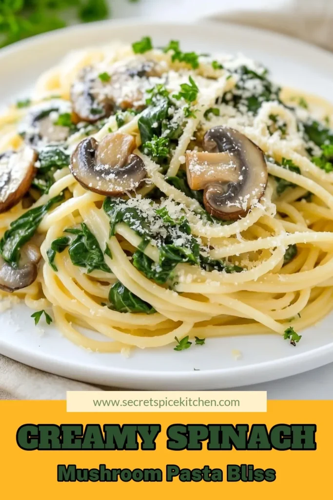 Enjoy this delicious Spinach Mushroom Pasta, a creamy spaghetti recipe that's perfect for a vegetarian pasta dish! This easy spinach recipe comes together in just 25 minutes, making it a quick mushroom pasta option for busy weeknights. With fresh spinach, savory mushrooms, and a rich, creamy sauce, it's sure to be a family favorite. Try this delightful recipe today and elevate your dinner game! #SpinachMushroomPasta #VegetarianPasta #EasyRecipes #PastaLovers