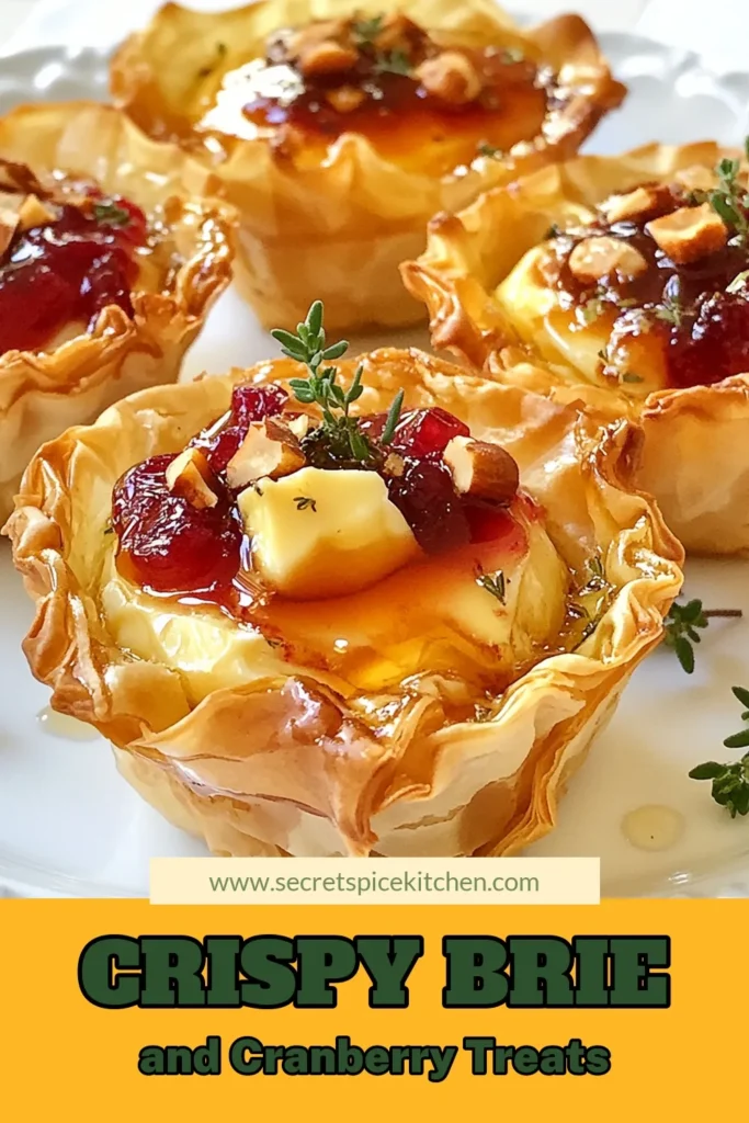 Elevate your holiday gatherings with these irresistible Cranberry Brie Phyllo Cups! This easy Thyme Appetizer Recipe combines creamy brie, sweet cranberry sauce, and fresh thyme, all nestled in crispy phyllo dough for the ultimate holiday party appetizers. Perfect as baked brie with cranberry sauce, these Easy Phyllo Dough Snacks will impress your guests. Save this recipe and bring gourmet flair to your next celebration! #CranberryBriePhylloCups #ThymeAppetizerRecipe #HolidayPartyAppetizers #EasyPhylloDoughSnacks