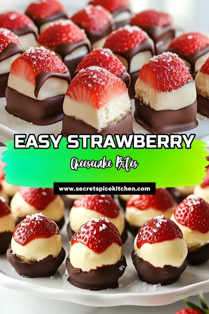 Indulge in the deliciousness of strawberry cheesecake bites with this easy no-bake cheesecake recipe. These chocolate-covered snacks are perfect for parties, bringing a delightful crunch to every bite. With fresh strawberries and a creamy filling, these treats are sure to impress your guests. Try this simple dessert recipe and make your gatherings unforgettable! Save this recipe for your next celebration! #StrawberryCheesecakeBites #NoBakeCheesecake #EasyPartyTreats #ChocolateCoveredSnacks
