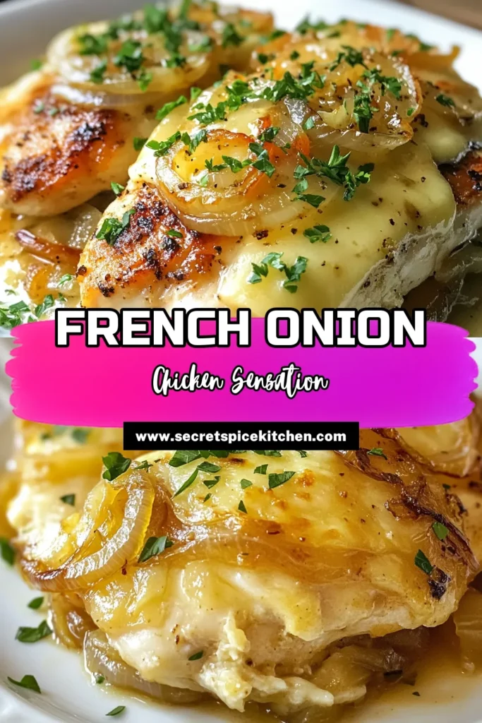 Discover a delicious twist on savory chicken recipes with this French Onion Chicken. Featuring juicy chicken breasts topped with caramelized onion and melted Gruyère cheese, this one-pan chicken dinner is the perfect comfort meal. Quick to prepare and full of flavor, it's ideal for weeknight dinners. Try this scrumptious Gruyère cheese chicken recipe and elevate your dinner game tonight! Save this recipe for later. #FrenchOnionChicken #SavoryChickenRecipes #OnePanDinner #DinnerIdeas