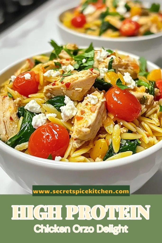 Looking for a delicious, high protein chicken recipe? Try this easy Chicken Orzo dish, perfect for a healthy chicken dinner! Packed with orzo pasta, cherry tomatoes, and spinach, it’s a flavorful Mediterranean orzo salad you’ll love. Ready in just 30 minutes, it's a fantastic option for busy nights. Don't forget to save and share this healthy meal! #HighProteinRecipe #OrzoPastaDish #HealthyDinner #EasyChickenRecipe