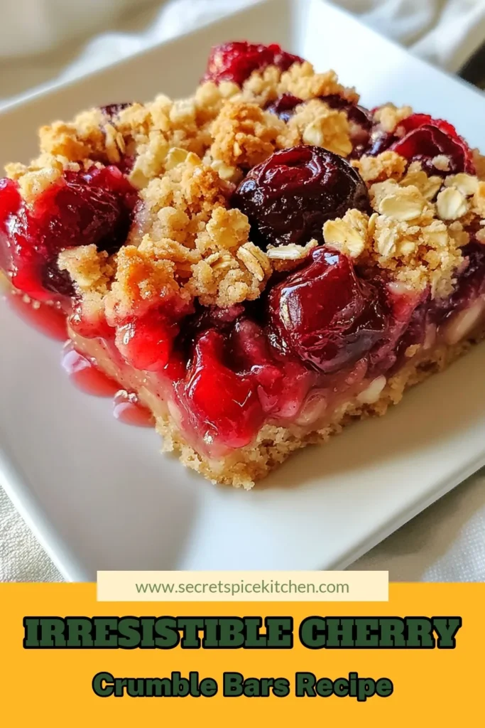 Indulge in these delicious Cherry Crumble Bars, the perfect easy cherry dessert recipe for any occasion. Made with fresh or frozen cherries and wholesome oats, these cherry oat bars are a delightful treat that you can whip up at home. Enjoy the sweet and tangy flavors in every bite of these homemade crumble bars. Ready to impress your family? Save this fruit dessert bars recipe for your next baking adventure! #CherryCrumbleBars #EasyDessert #HomemadeCrumble #FruitBars