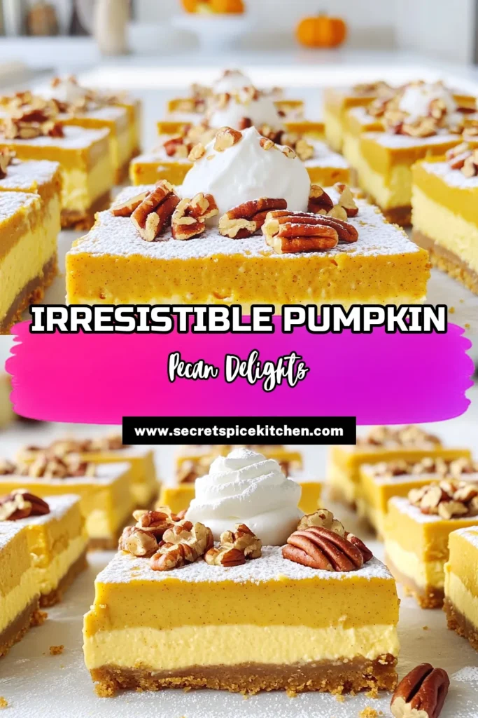 Indulge in the ultimate autumn dessert with these Pumpkin Pecan Cheesecake Squares! Made with a buttery graham cracker crust, creamy pumpkin filling, and topped with crunchy pecans, these treats are perfect for any gathering. Easy to make and irresistible to eat, they’ll be the star of your dessert table. Click through to discover the full recipe and elevate your fall baking! #PumpkinCheesecake #FallBaking #DessertRecipes #PumpkinPecan