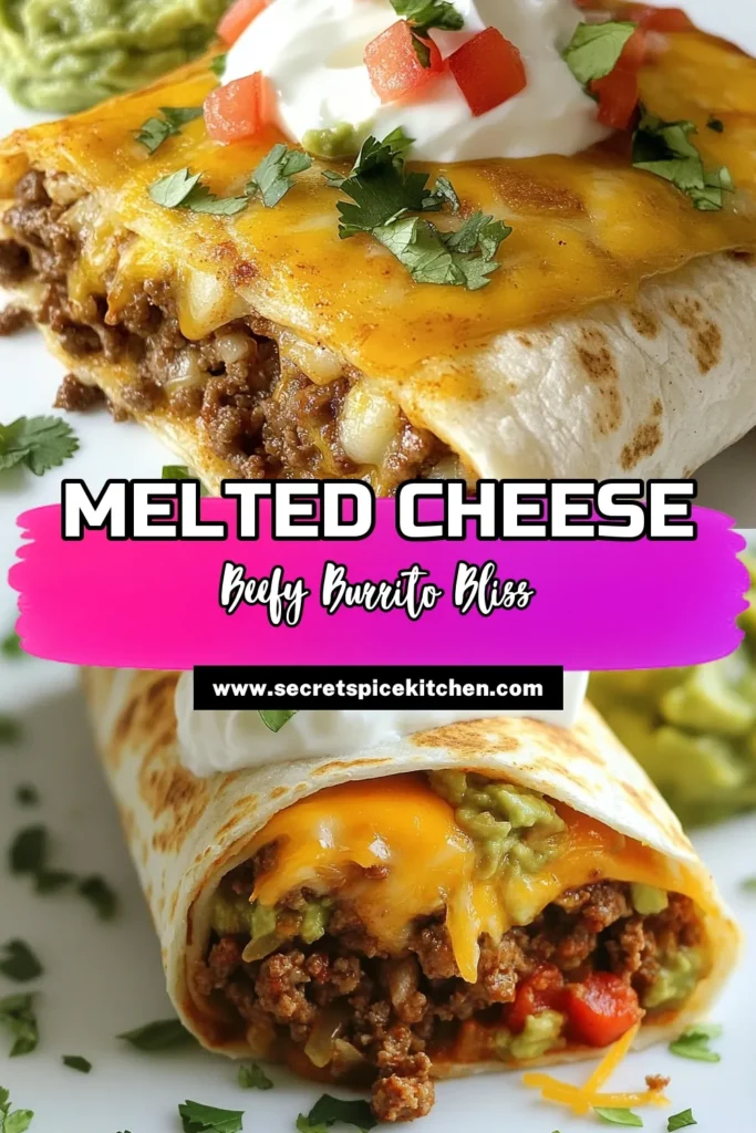 Try this delicious beefy melt burrito recipe for a quick and easy dinner with all the cheesy goodness you crave! Perfectly seasoned ground beef wrapped in flour tortillas and baked to perfection, this cheesy burrito recipe is sure to become a family favorite. Serve it up with sour cream and guacamole for an unforgettable meal. Save this easy beef burrito idea for your next weeknight feast! #beefyburbito #cheesyburrito #bakedbeefburrito #groundbeeftortilladish