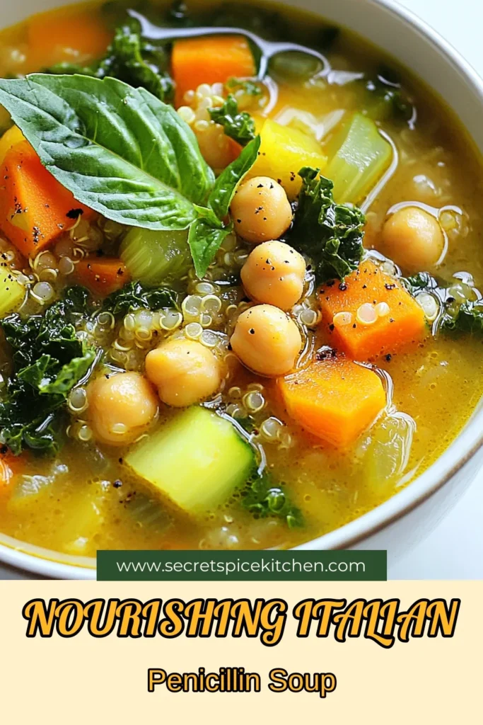 Discover the ultimate healing soup recipe with this Italian Penicillin Soup that’s perfect for boosting your health! This vegetarian healing soup features hearty chickpeas and quinoa in a savory vegetable broth soup recipe. Packed with nutrients and flavor, it's an easy way to warm up your soul. Ready in just 50 minutes, it’s ideal for any day. Don’t miss out—try it today! #HealingSoupRecipe #ItalianPenicillinSoup #VegetarianHealingSoup #ChickpeaQuinoaSoup