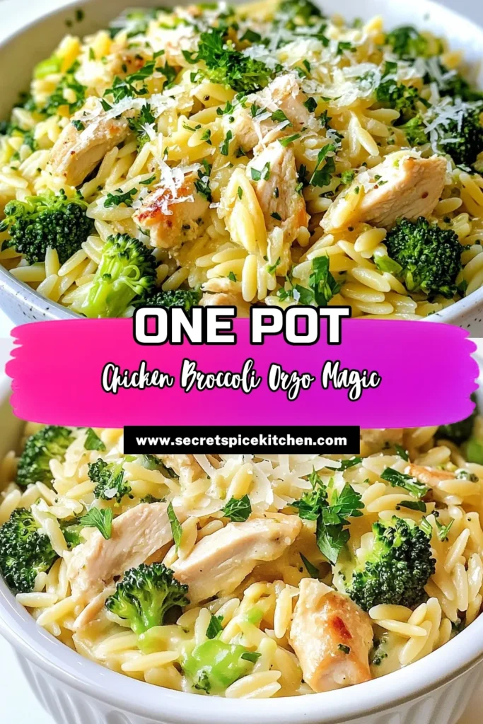 Looking for a delicious and healthy meal? Try this Chicken Broccoli Orzo recipe! This easy orzo pasta dish features tender chicken and vibrant broccoli in a creamy orzo with Parmesan that you'll love. It's a perfect one-pot chicken orzo meal for busy weeknights. Ready in just 30 minutes, it's nutritious and satisfying. Save this recipe for a tasty dinner tonight! #ChickenBroccoliOrzo #EasyOrzoPasta #HealthyDinner #OnePotMeals
