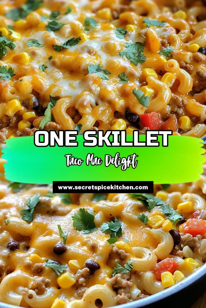 Discover a delicious and easy Taco Mac Skillet that the whole family will love! This ground turkey taco recipe combines cheesy macaroni and savory taco flavors into a one pot taco mac that's ready in just 30 minutes. Packed with black beans, corn, and vibrant veggies, it's the perfect weeknight meal. Save this easy taco mac recipe for a fun twist on dinner. Try it today! #TacoMacSkillet #OnePotTacoMac #CheesyMacaroni #EasyDinnerIdeas