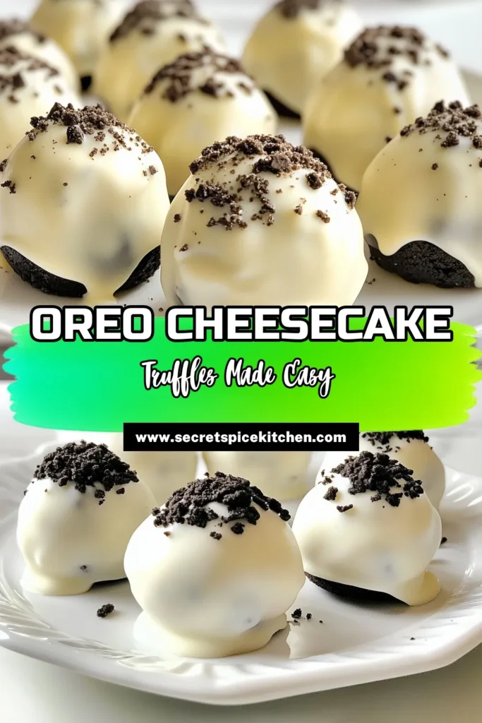 Indulge in these delightful Oreo Cheesecake Truffles, the perfect no-bake Oreo dessert! This easy chocolate truffles recipe combines crunchy Oreos with creamy cheesecake for a treat everyone will love. Made with just a few ingredients, including cream cheese, these Oreo dessert recipes are a breeze to whip up. Perfect for parties or sweet snacking. Try this cream cheese truffles recipe today and impress your friends! Save this recipe! #OreoTruffles #NoBakeDessert #ChocolateTruffles #OreoDessert