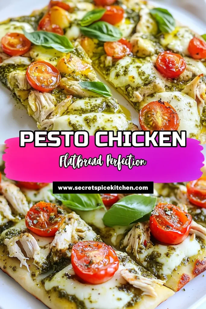 Make your meals exciting with this Pesto Chicken Flatbread! This easy flatbread recipe features tender, shredded chicken paired with homemade or store-bought pesto, topped with fresh tomatoes and gooey cheese. Perfect for quick dinner recipes, this chicken flatbread with pesto is a must-try! Enjoy a flavorful dish in just 25 minutes. Save this recipe for a delicious weeknight dinner! #PestoChickenFlatbread #EasyFlatbreadRecipe #QuickDinnerRecipes #HomemadePestoChicken