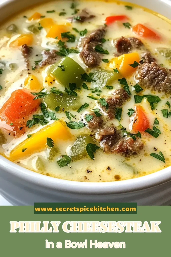 Discover the ultimate Philly cheesesteak soup recipe that's perfect for any occasion! This easy Philly cheesesteak soup combines tender sirloin steak, vibrant bell peppers, and rich provolone cheese in a creamy beef broth soup. Enjoy a comforting bowl that’s packed with flavor and warmth. Don't miss out—try this creamy cheesesteak soup today and impress your family! Save for later! #PhillyCheesesteakSoup #EasySoupRecipes #CreamySoup #ProvoloneCheeseRecipes